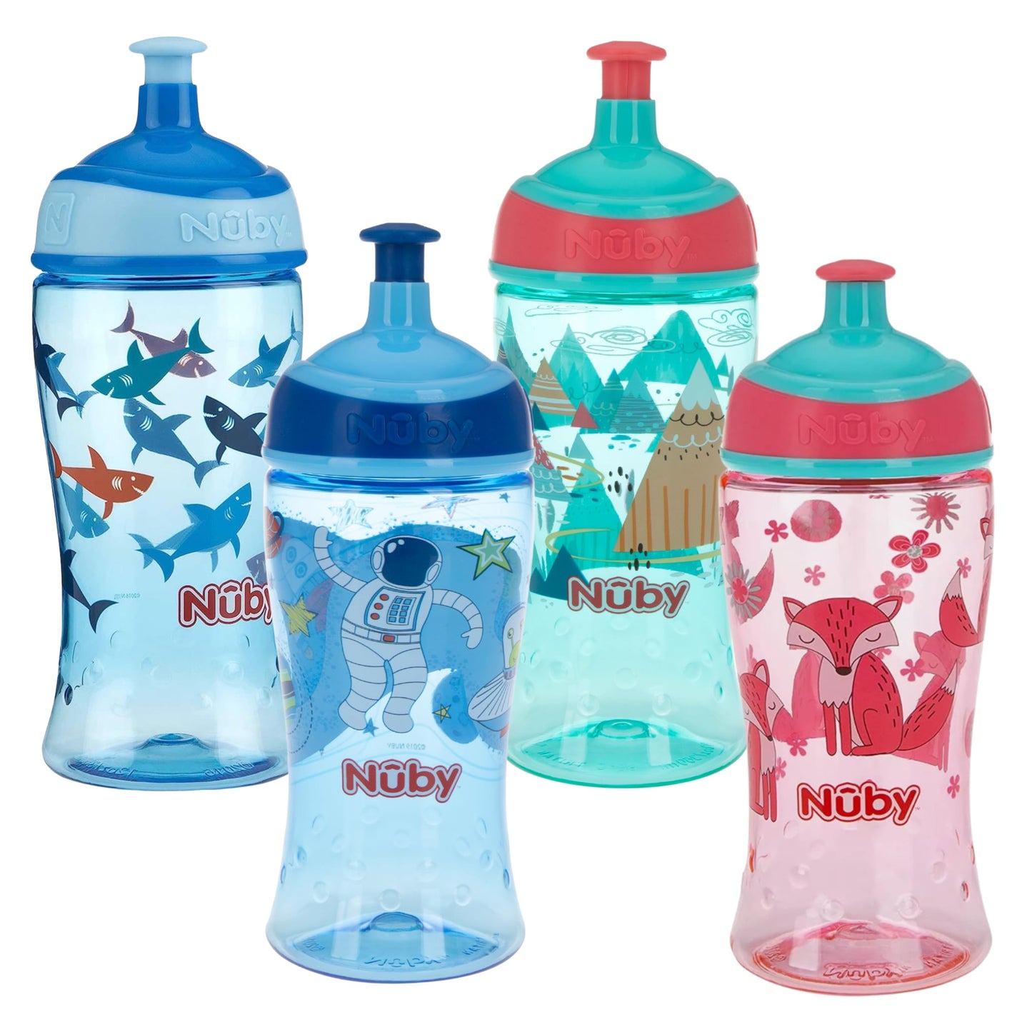 Nuby Printed Kids Pop Up Sipper Water Bottle, Colors May Vary, 1 Pack, 12 Oz., Multi