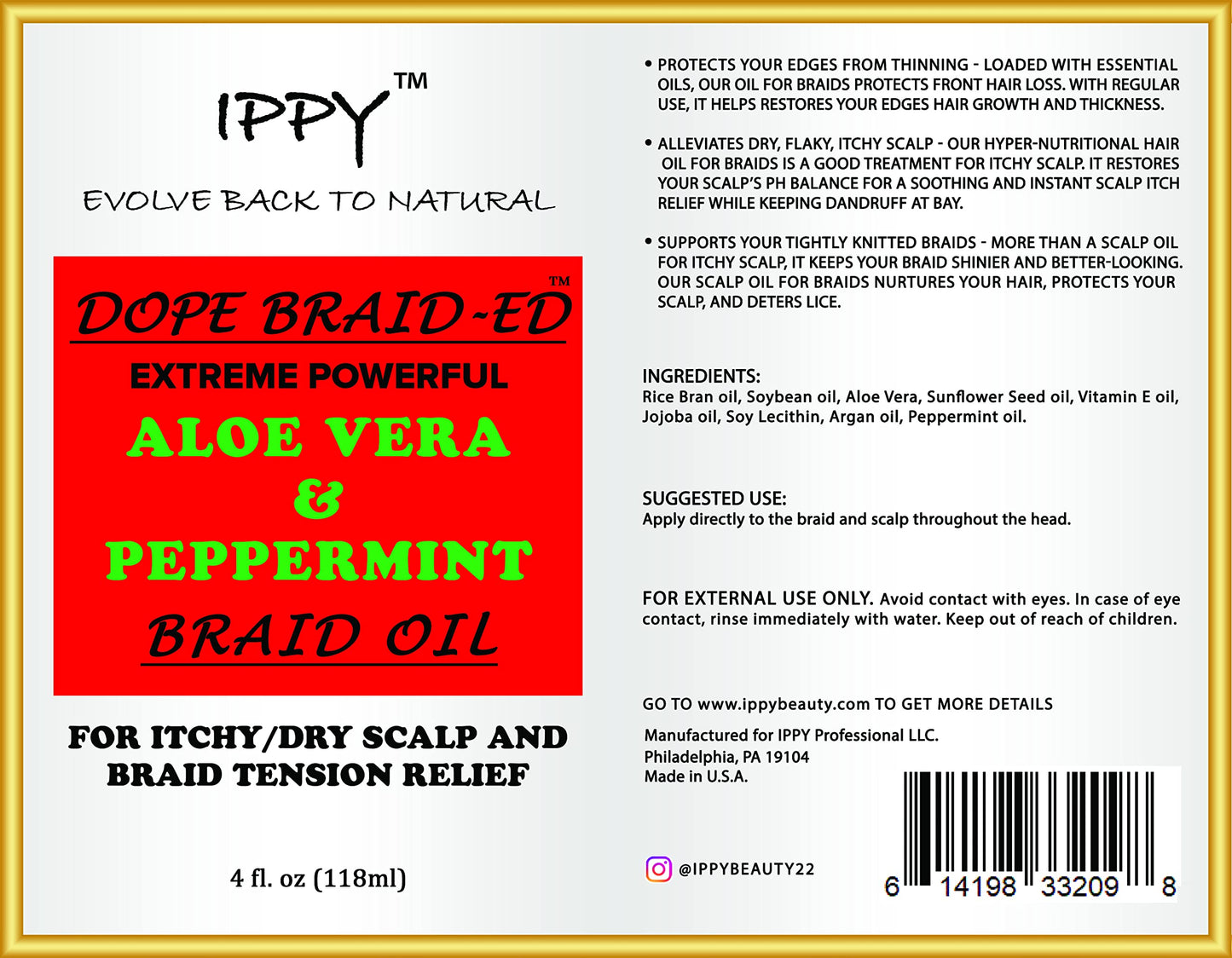 IPPY DOPE BRAID~ED ALOE VERA & PEPPERMINT BRAID OIL 4oz