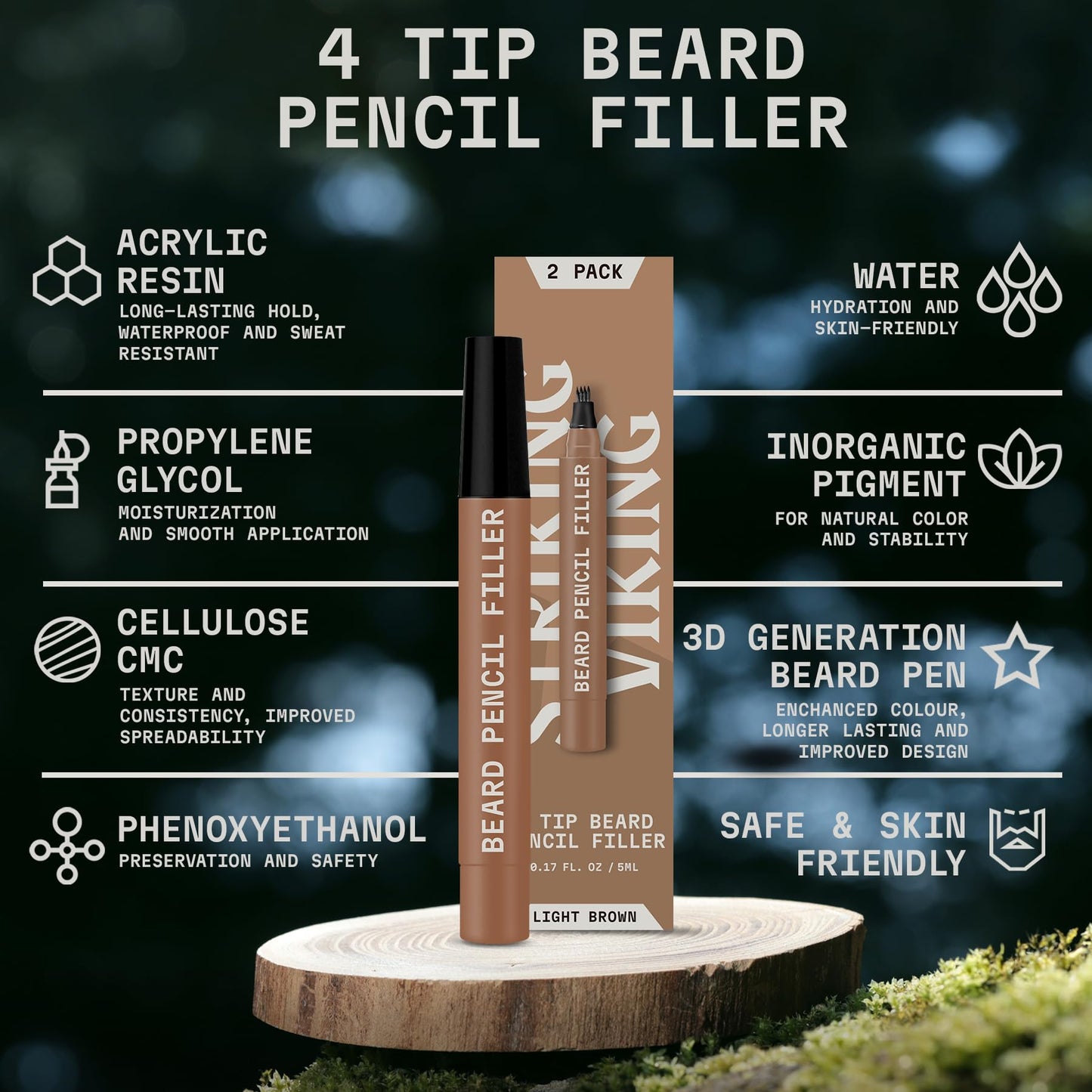 Striking Viking Beard Pencil Filler for Men - Light Brown, 2 Pack - Temporary Beard Dye - Waterproof Sweatproof Long Wear Beard Filler Pen