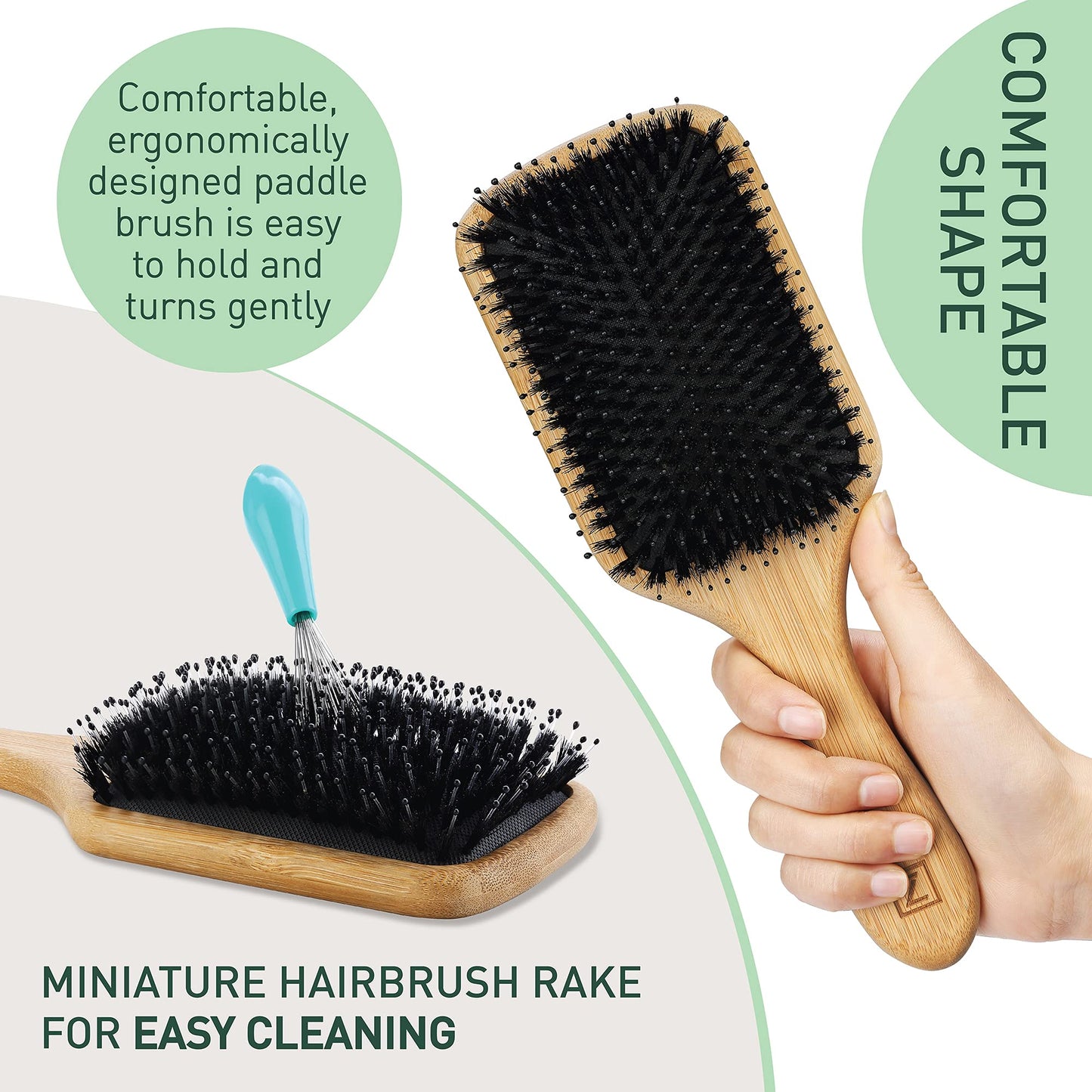 Natural Boar Bristle Hair Brush for Women, Men, Kids; Dry and Wet Detangling Hair Brush Gently Enhances Shine, Smooths Frizz and Prevents Breakage