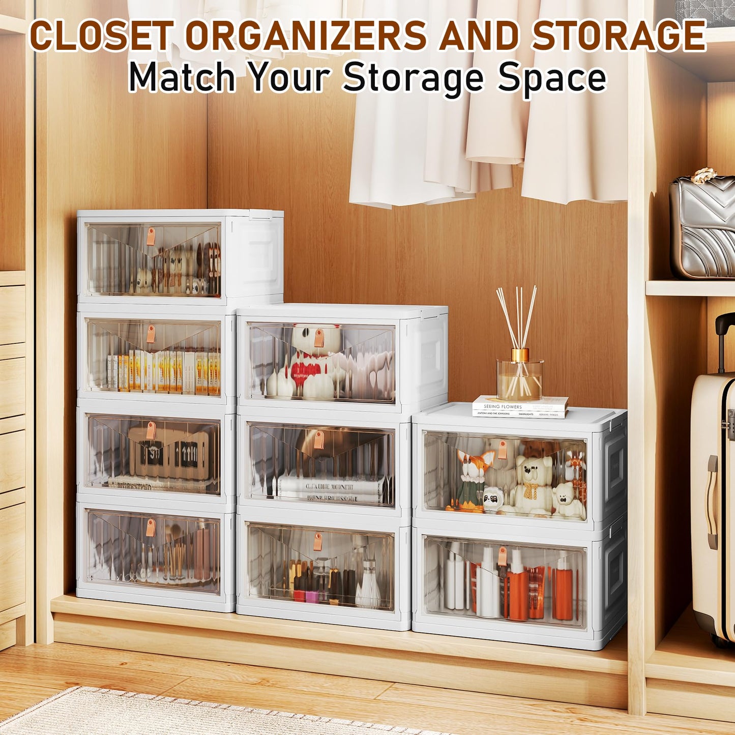 4 Tier Storage Bins with Lids, 23QT Stackable Closet Organizers and Storage with Wheels, Collapsible Storage Boxes, Foldable Plastic Storage…