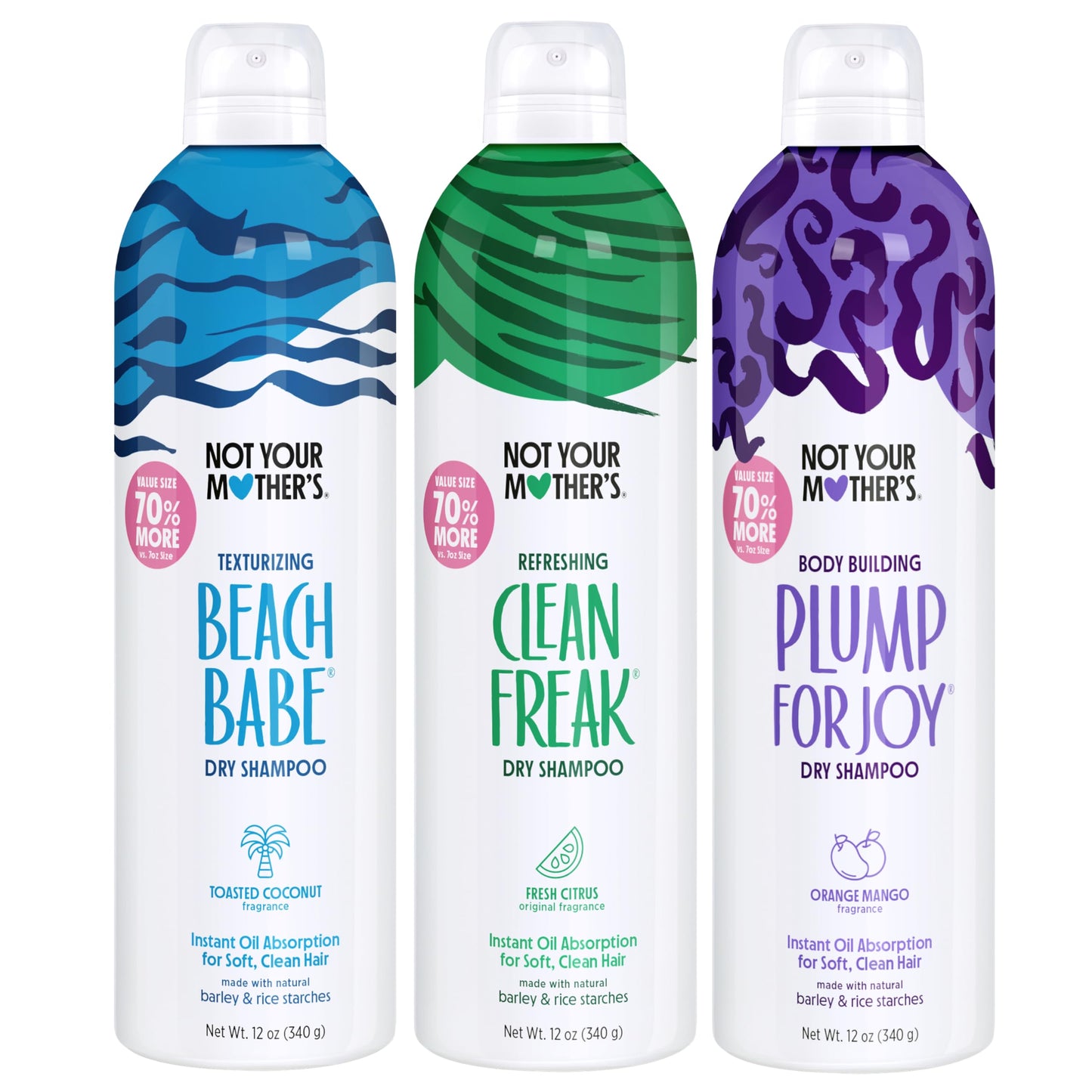 Not Your Mother's Dry Shampoo Trio - Clean Freak Original, Beach Babe, Plump for Joy - 3 Pack, 12 oz Each - 70% More to Instantly Absorb Oil Beauty and Personal Care Not Your Mother's Default Title