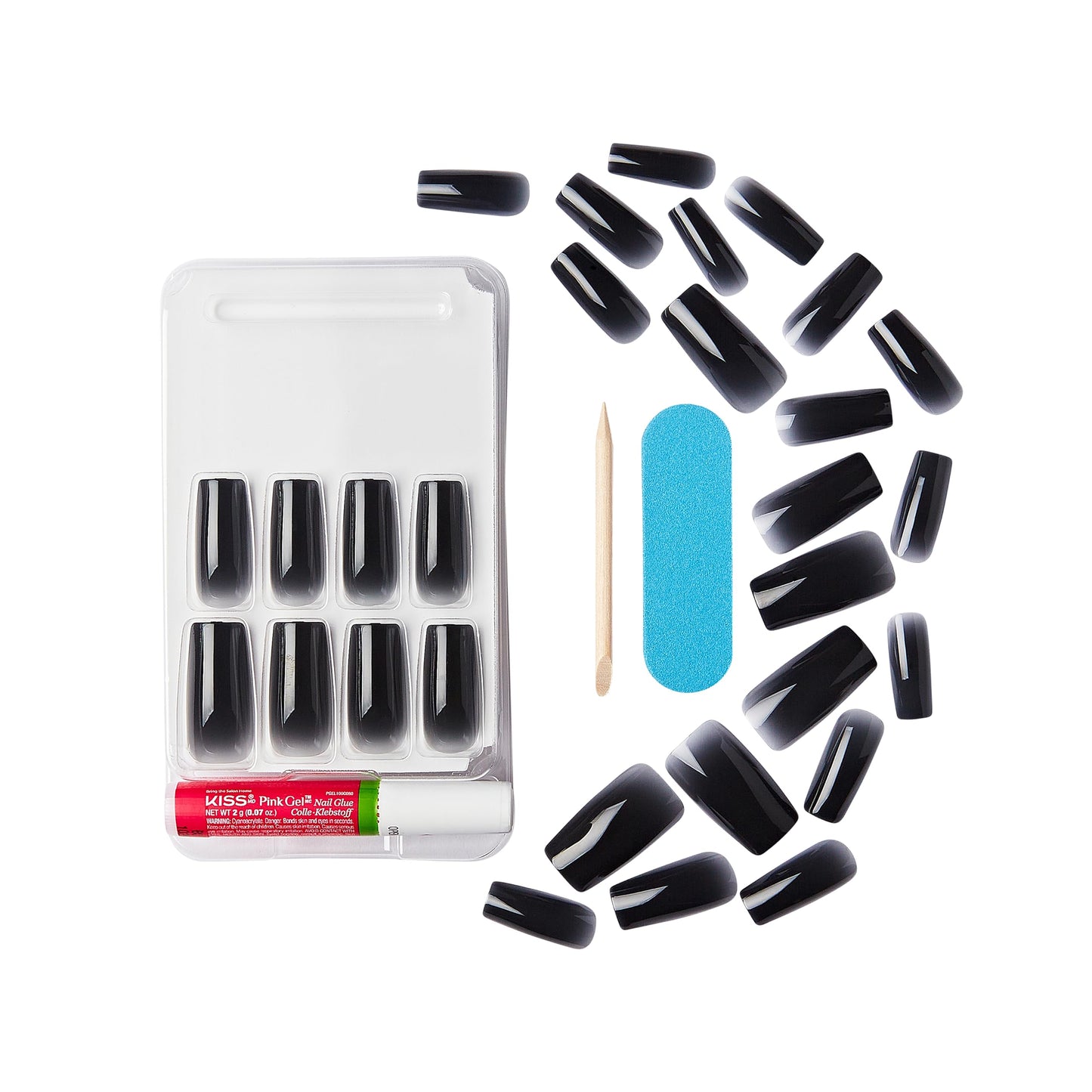 KISS Gel Fantasy Press On Nails, Nail glue included, 'Jelly Gelée', Black, Long Size, Square Shape, Includes 28 Nails, 2g glue, 1 Manicure Stick, 1