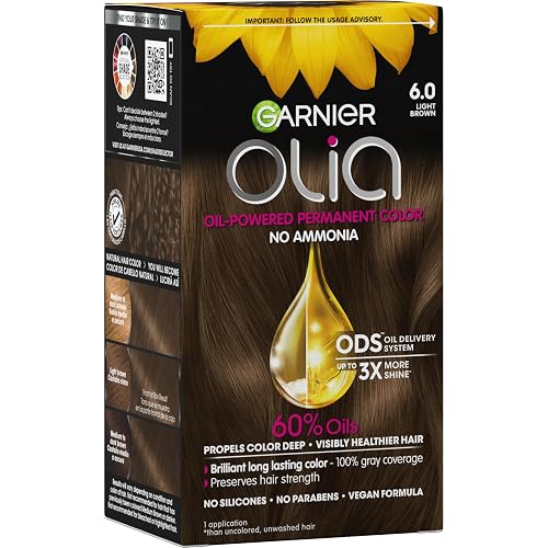 Garnier Olia Hair Color, Ammonia-Free Permanent Hair Dye, Oil-Powered Formula for 100% Gray Coverage and 3x Shinier Hair, Vegan & Cruelty Free, 6.0