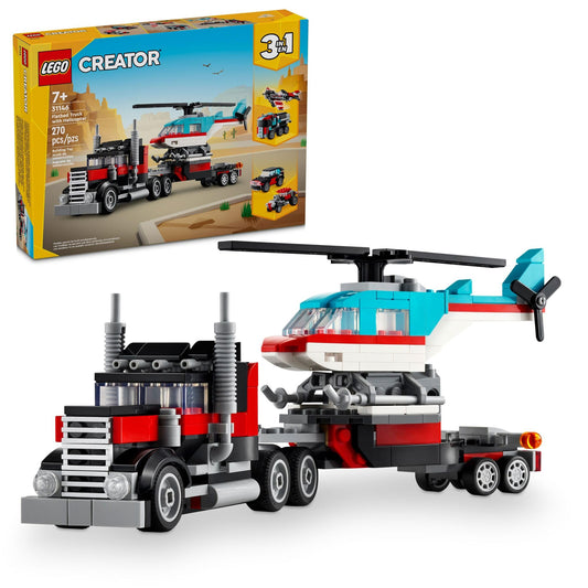 LEGO Creator 3 in 1 Flatbed Truck with Helicopter 31146, Buildable Toy Transforms into Plane, Hot Rod or SUV, Gift for Kids Ages 7+