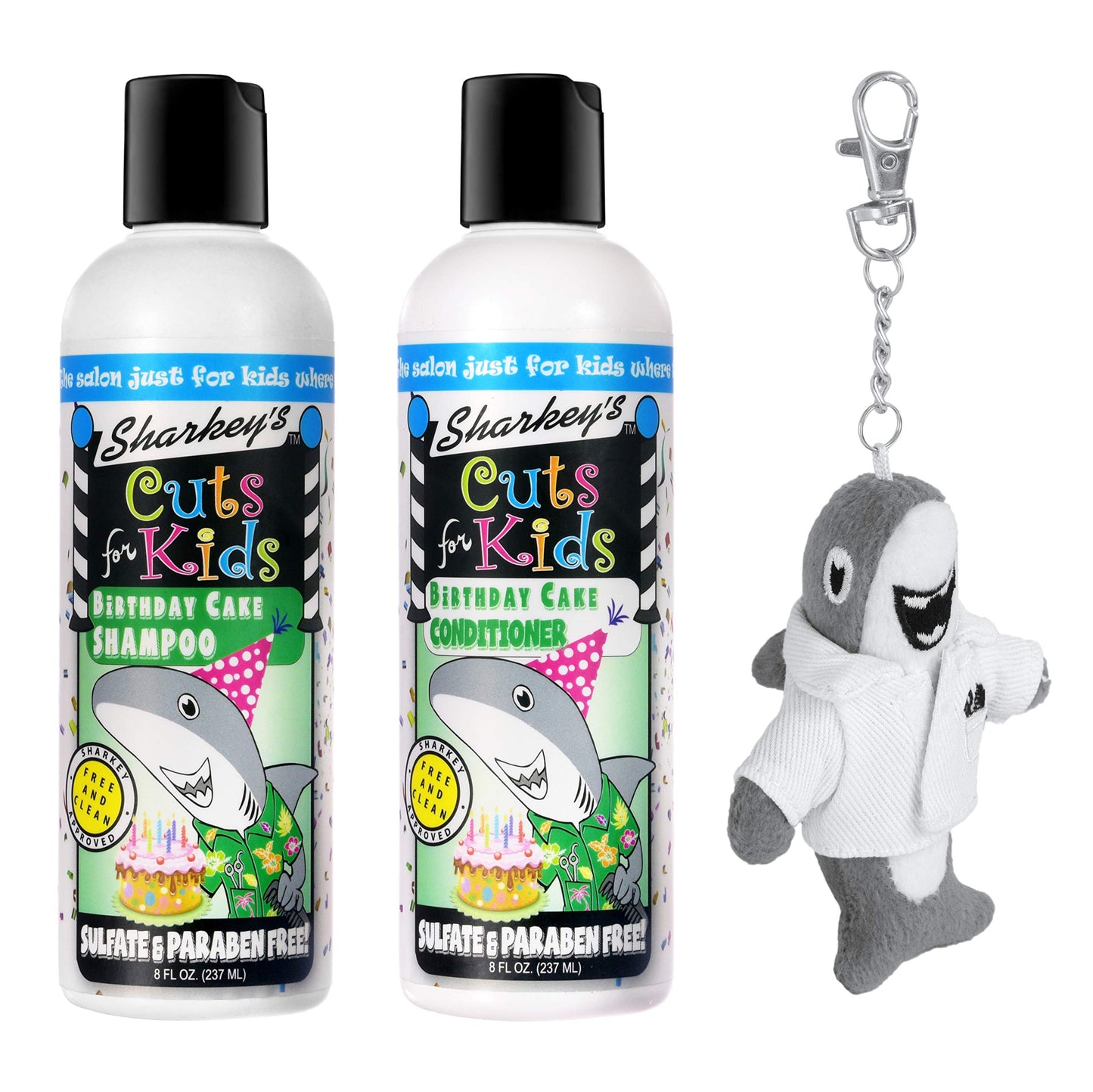 Sharkey's Birthday Cake Scented Kids Shampoo and Conditioner with Baby Shark Plush Backpack Clip or Lunchbox Clip - Sulfate Free and Paraben Free!