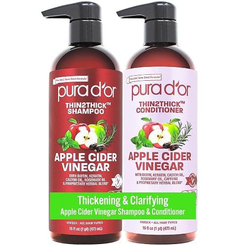 PURA D'OR Apple Cider Vinegar Thin2Thick Set Shampoo Conditioner for Regrowth, Hair Loss, Clarifying, Detox (2 x 16oz) Biotin, Keratin, Caffeine