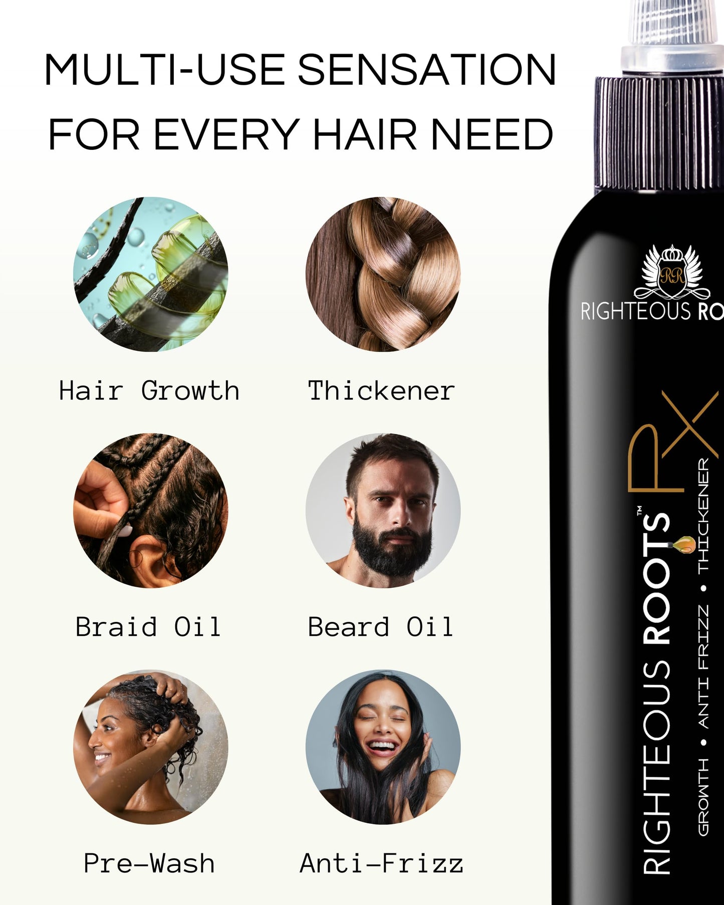 Righteous Roots Rx Hair Oil – Hair Growth, Anti-Frizz & Thickening Oil for Curly, Wavy, Natural Hair & Beards – 4 fl oz (Hair RX)
