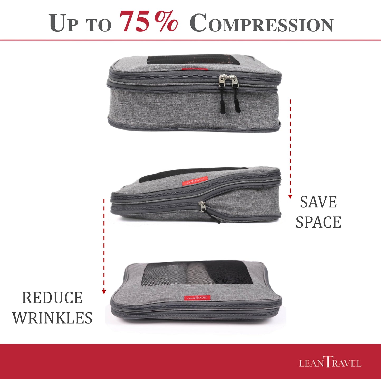 LeanTravel Compression Packing Cubes for Travel Organizers with Double Zipper (6-Pack (2L+2M+2S), Grey)