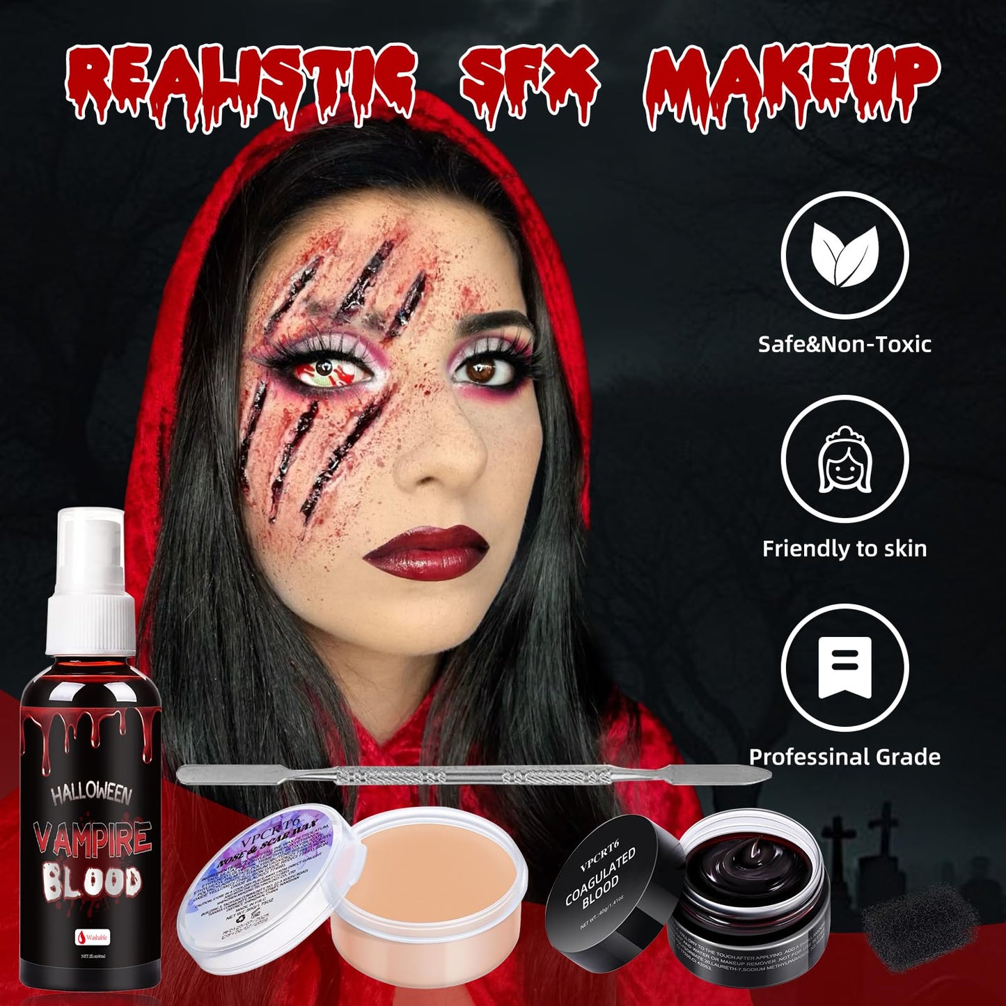Special Effects SFX Halloween Makeup Kit, Professional Horror SFX Makeup Set with Scar Wax+Bruise Palette+Fake Blood Spray+Realistic Blood Gel