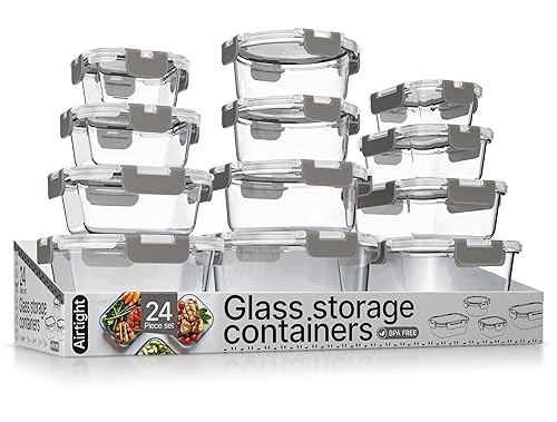 Bakken Borosilicate Glass Food Storage Containers with Lids 24 Pieces, BPA-Free Stackable Lunch & Leftover Containers, Microwave, Freezer…