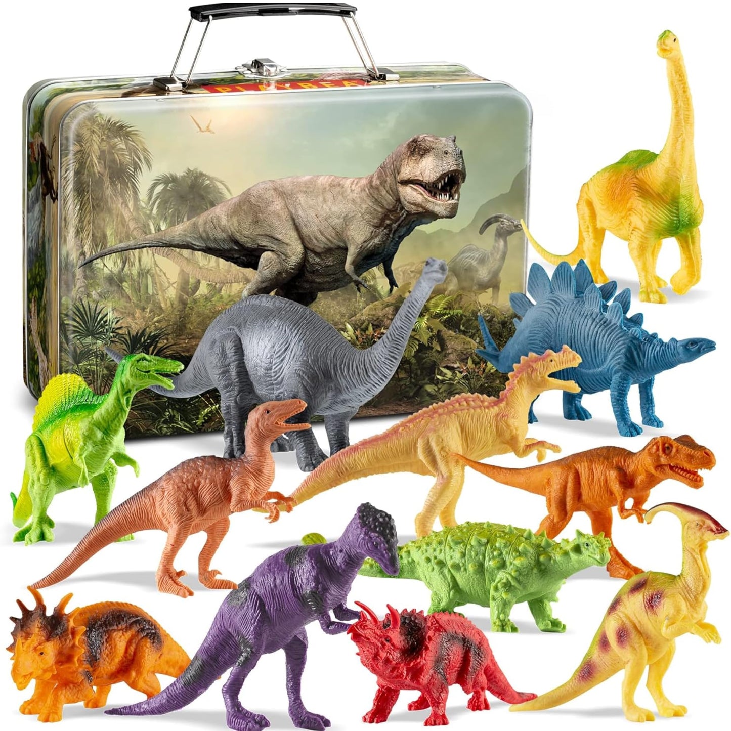 PLAYVIBE Dinosaur Toys for Kids – 12 Realistic Dino Figures with Metal Storage Box & Soft Spinosaurus, Toddler Toys for Boys & Girls Ages 3-7