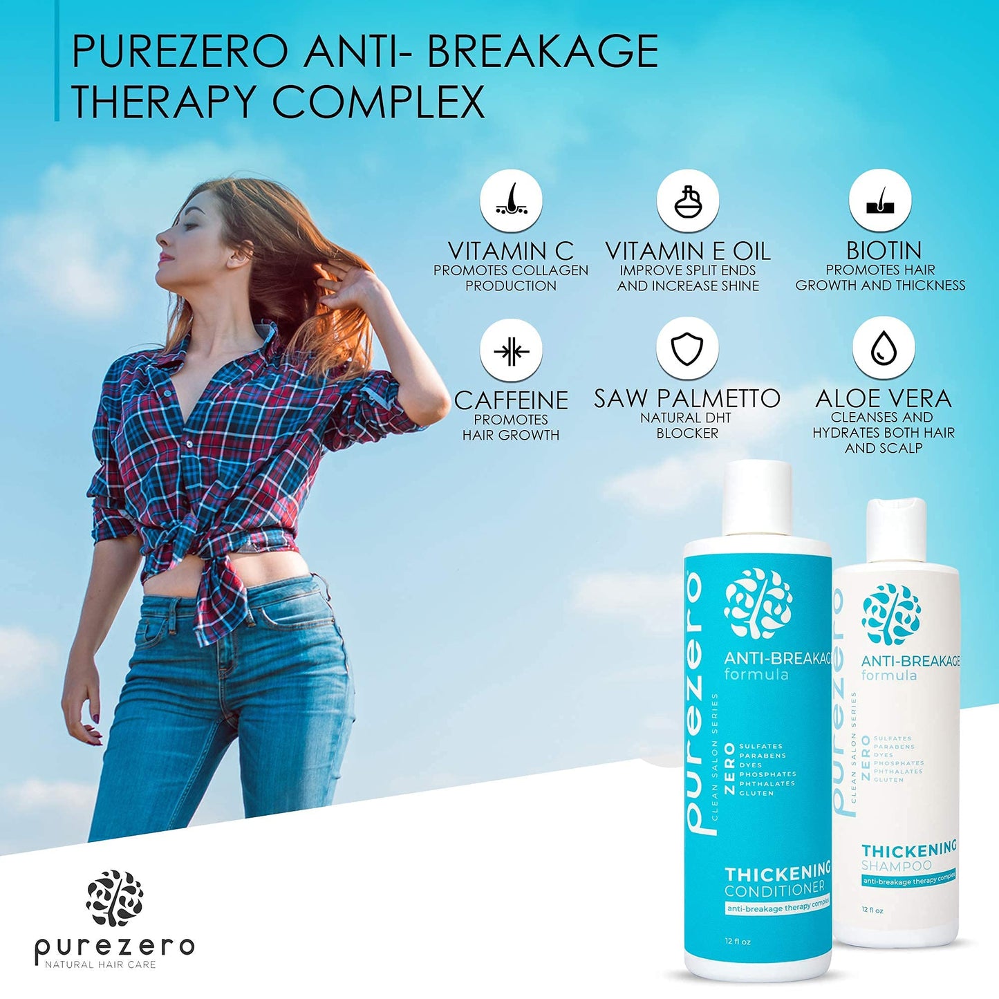 Purezero Anti-Breakage & Thickening Shampoo Conditioner set, For Hair Loss & Hair Thinning, With Biotin, Vitamin C, Caffeine and Saw Palmetto, 100%