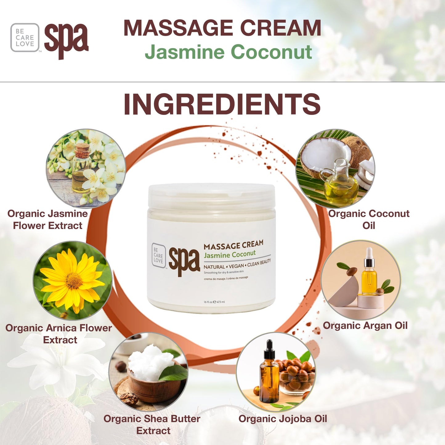 BCL SPA Massage Cream organic Jasmine + Coconut body lotion with rice extract, shea butter, aloe vera, argan and jojoba oils, body cream to hydrate