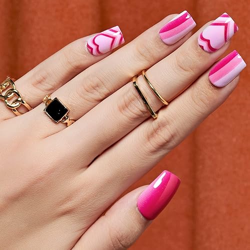 GLAMERMAID Hot Pink Ombre Press on Nails Medium Square, Color Gel False Nals, Valentine Colorful Glue on Nails Kit for Women, Pop Comic Sweet Reusable