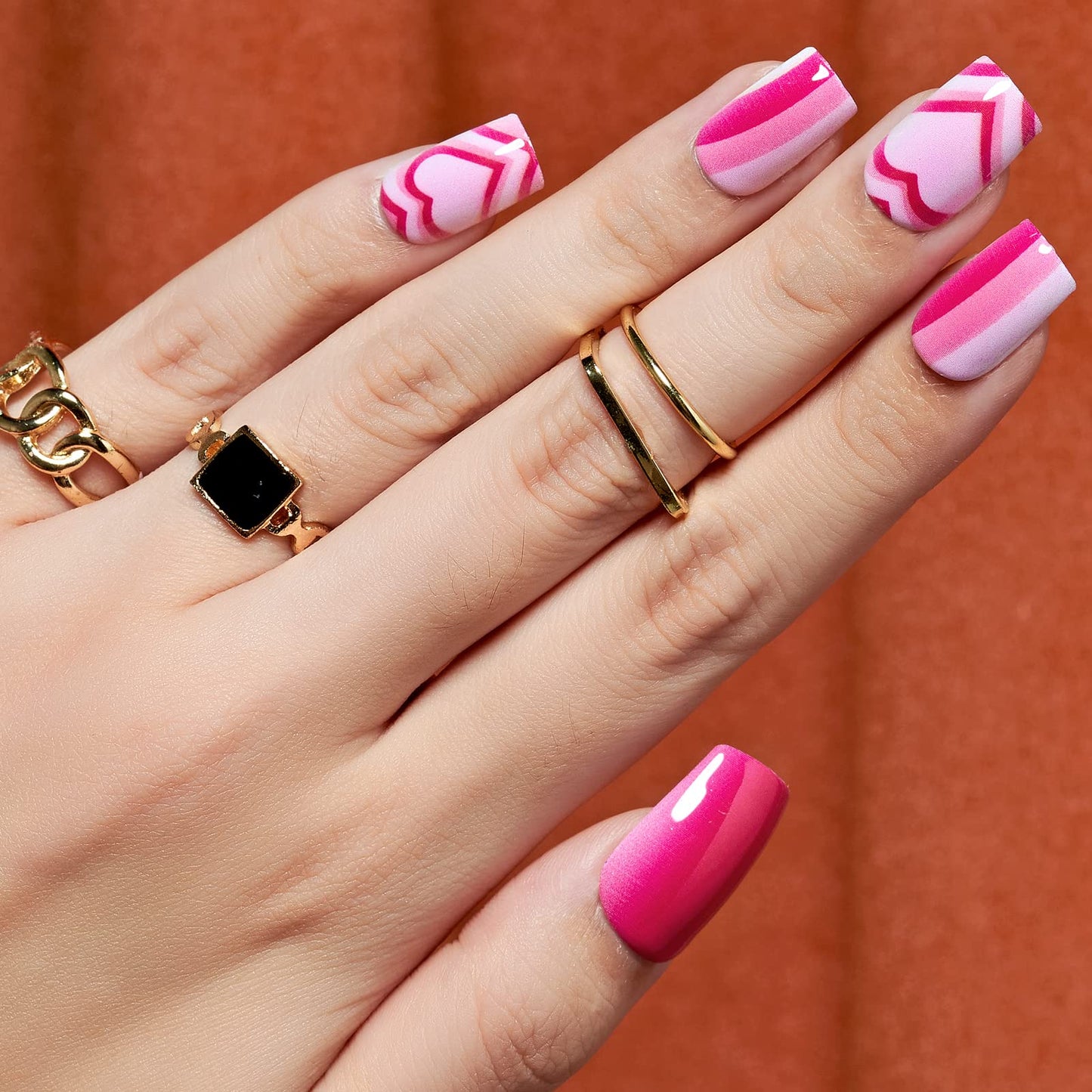 GLAMERMAID Hot Pink Ombre Press on Nails Medium Square, Color Gel False Nals, Valentine Colorful Glue on Nails Kit for Women, Pop Comic Sweet Reusable