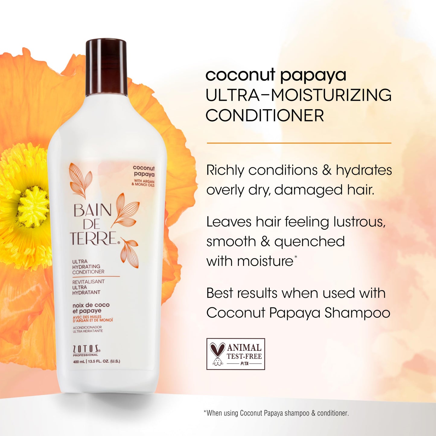 Bain de Terre Coconut Papaya Ultra Hydrating Conditioner, Moisture Quench for Dry, Damaged Hair, with Argan & Monoi Oils, Paraben-Free, Color-Safe