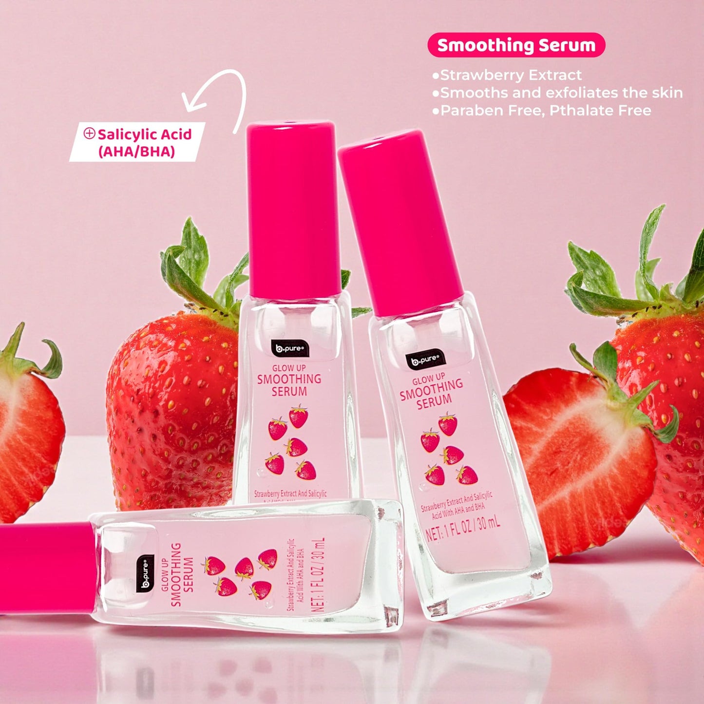 b.pure Glow Up Strawberry Smoothing & Exfoliating Face Serum | Strawberry Extract, Salicylic Acid & AHA/BHA | 1 oz, 3-Pack