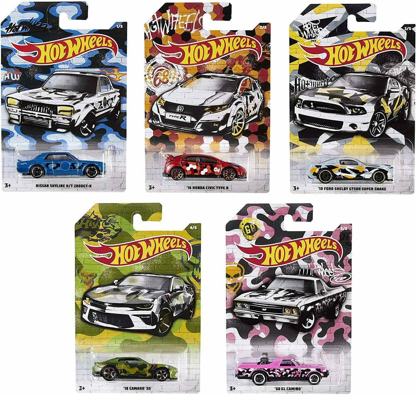 Hot Wheels Mattel 2019 Urban Camo Series Complete Bundle of 5 Die‑Cast Vehicles, Camouflage Graphics, 1:64 Scale, Ages 3+