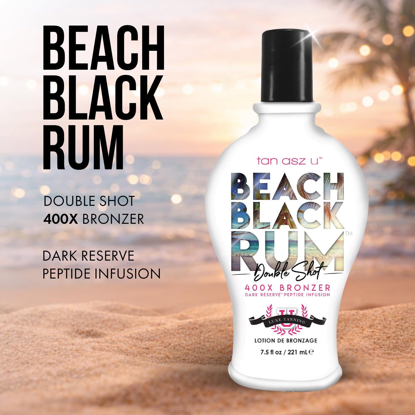 Tan Asz U Beach Black Rum Tanning Lotion, Double Shot 400X Bronzer, Dark Reserve Peptide Infusion, Luxe Indoor Tanning Lotion with Coconut Water
