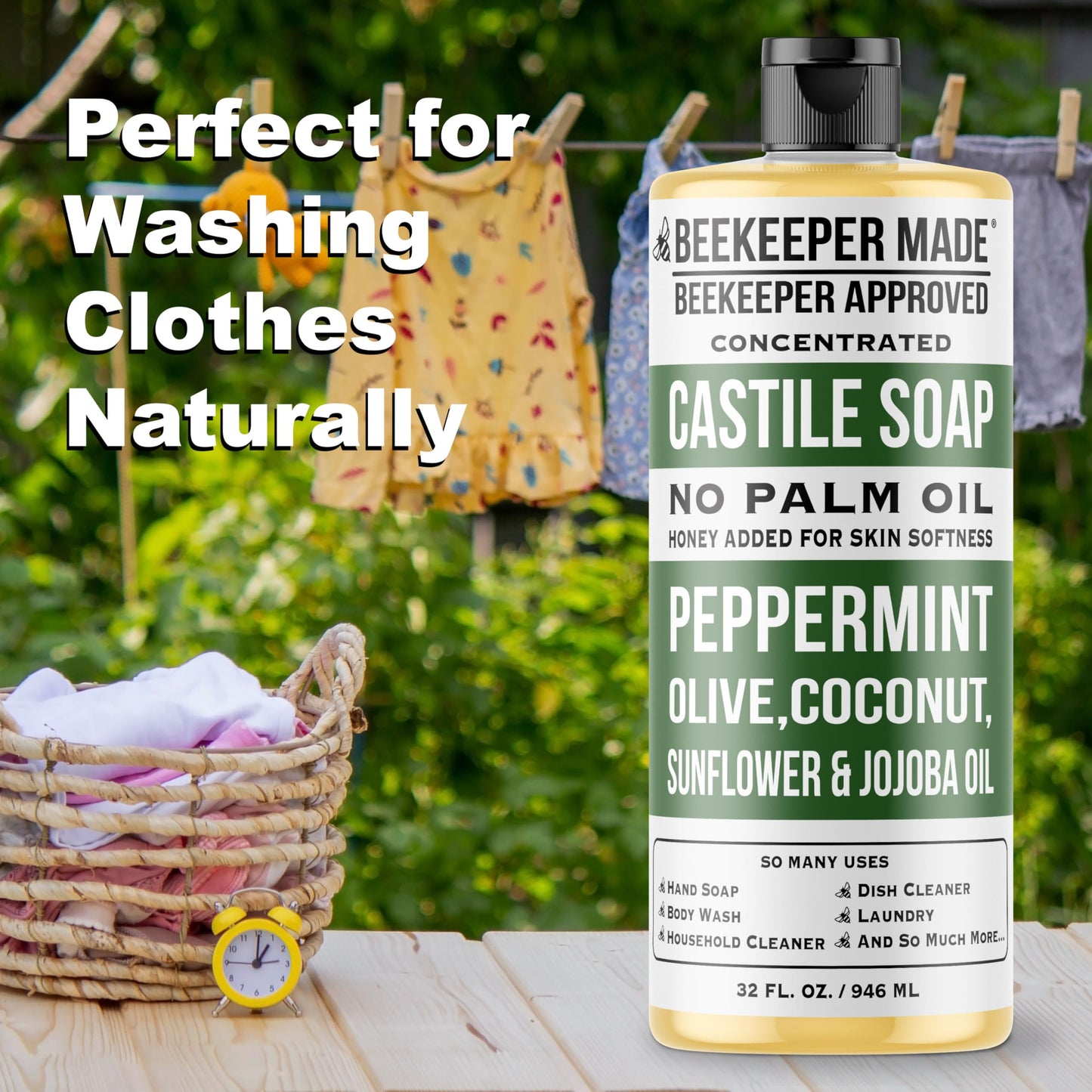 Beessential Beekeeper Made Natural Castile Soap, 32 fl oz | No Palm Oil, 8 Ingredients, Pure Olive, Coconut, & Sunflower Oils, GMO Free, For Sensitive