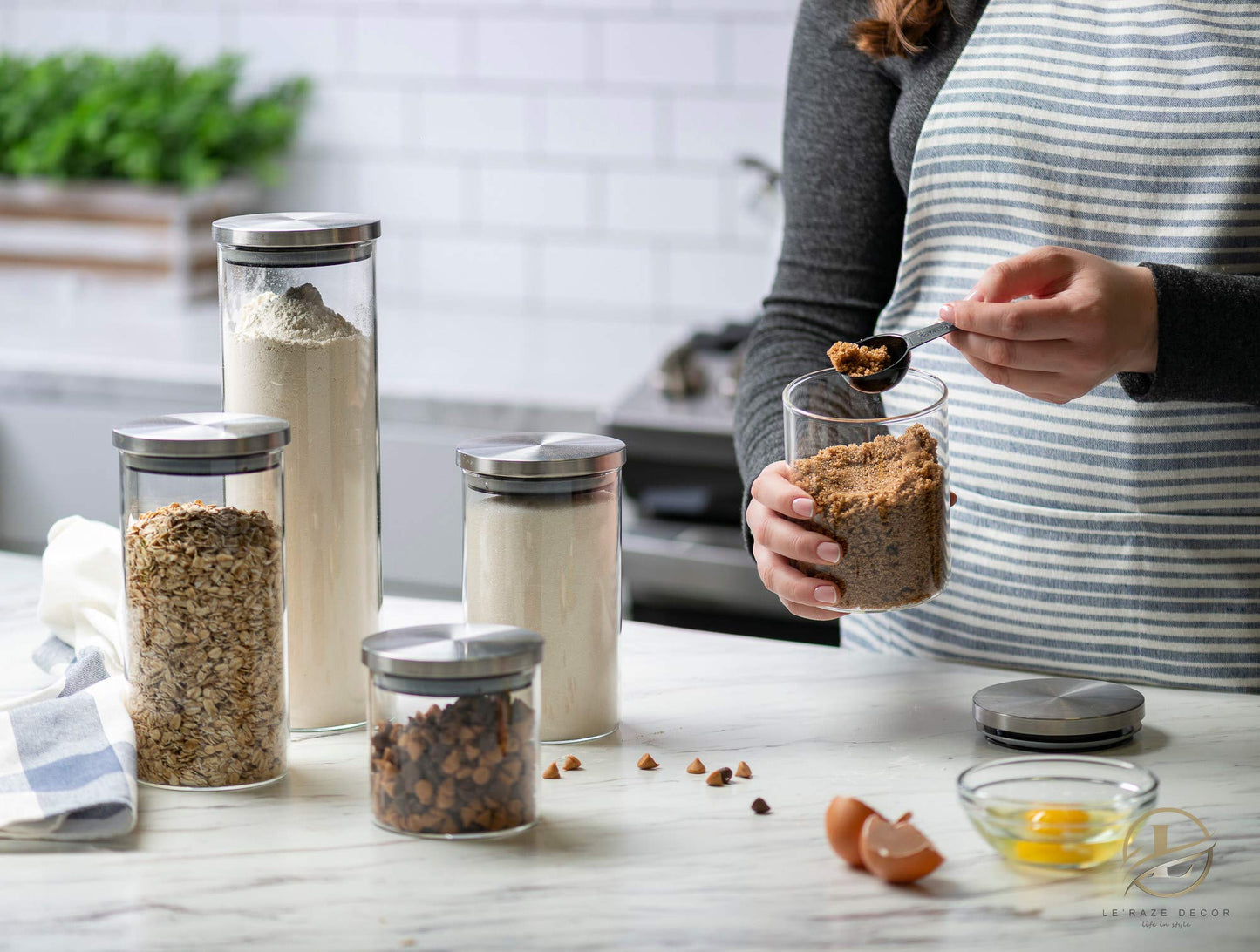 Set of 5 Glass Kitchen Canisters with Airtight Stainless-Steel Lid - Dishwasher Safe, Storage Jars for Kitchen, Bathroom & Pantry Organization, Ideal…
