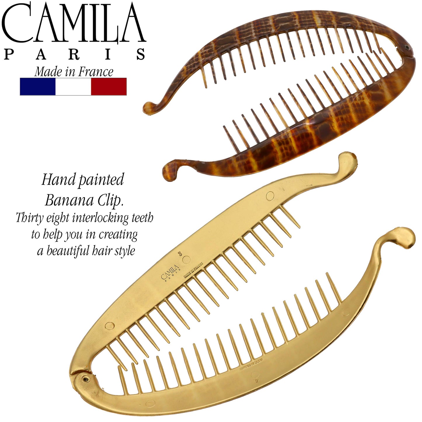 Camila Paris CP3097 French Extra Large Banana Clip Hair Comb, Classic Banana Clips Hair for Thick Hair Ponytail Holder Interlocking Styling Clips