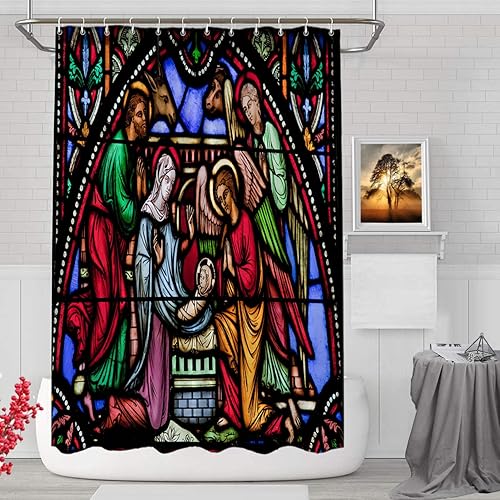 BaoNews Christmas Decorative Shower Curtain, Christmas Stained Glass AngelDecor Shower Curtain for Shower Stall Bathroom Resistant Waterpro…