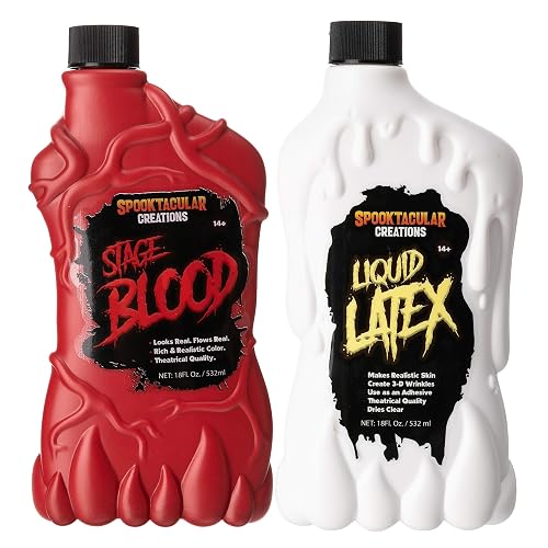 Spooktacular Creations 18 oz Liquid Latex & 18 oz Halloween Blood Bottle Fake Blood Stage Blood for Halloween Costume, Zombie and Monster Makeup
