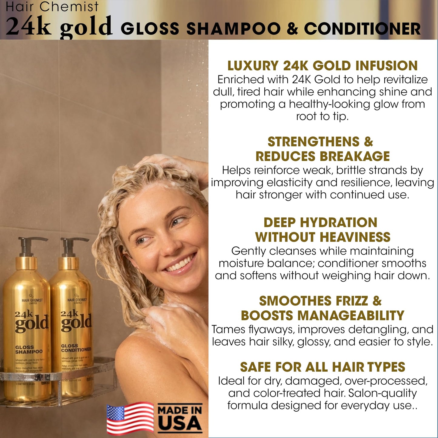 Hair Chemist 24K Gold Gloss Shampoo & Conditioner 33.8 oz. 2-PC Set - Strengthening & Shine Enhancing Hair Care System - Hydrating, Smoothing