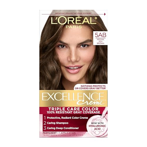 L'Oreal Paris Excellence Crème Permanent Hair Dye, Triple Care Hair Color with Hyaluronic Acid for 100% Gray Coverage, 5AB Mocha Ash Brown, 1 Kit