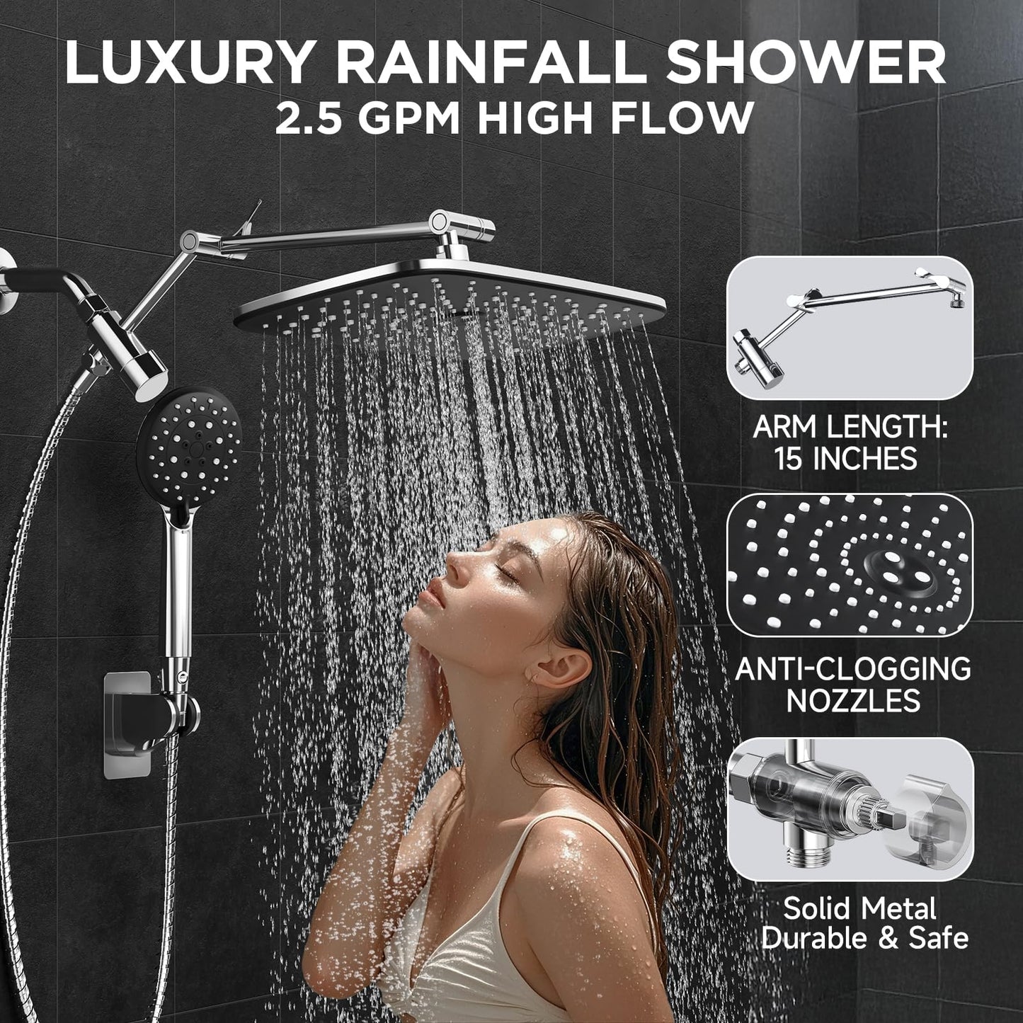 Veken Rain Shower Head Combo – 6-Mode Handheld High Pressure Showerhead with Arm & Anti-Clog Nozzles – Silver Chrome
