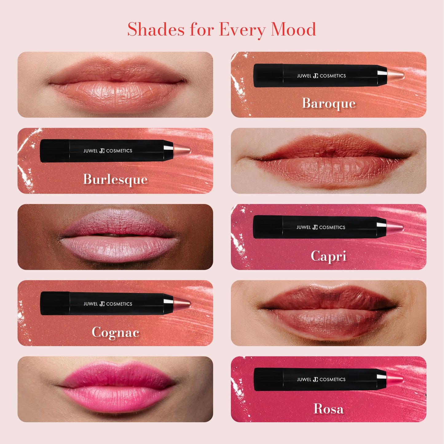 Juwel Cosmetics Retractable Lip Crayon, High Shine Long Lasting Lip Liner with Vitamins C & E, Shea & Cocoa Butter, Ultra Smooth Full Coverage