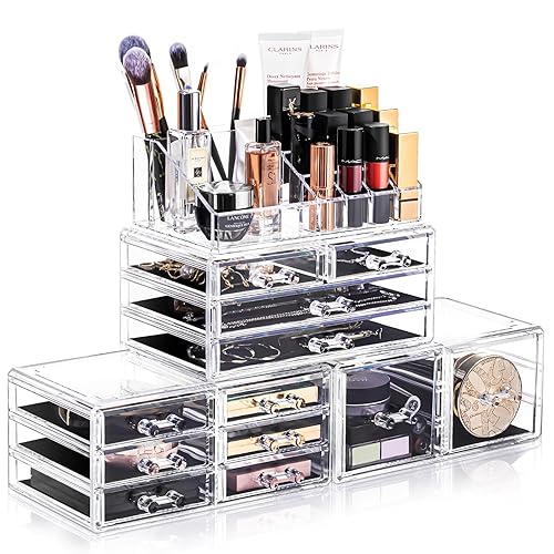 URMOMS Makeup Organizer 4 Pieces, Acrylic Makeup Storage Box with 12 Drawers for Lipstick Jewelry and Makeup Brushes, Stackable Vanity Organizer