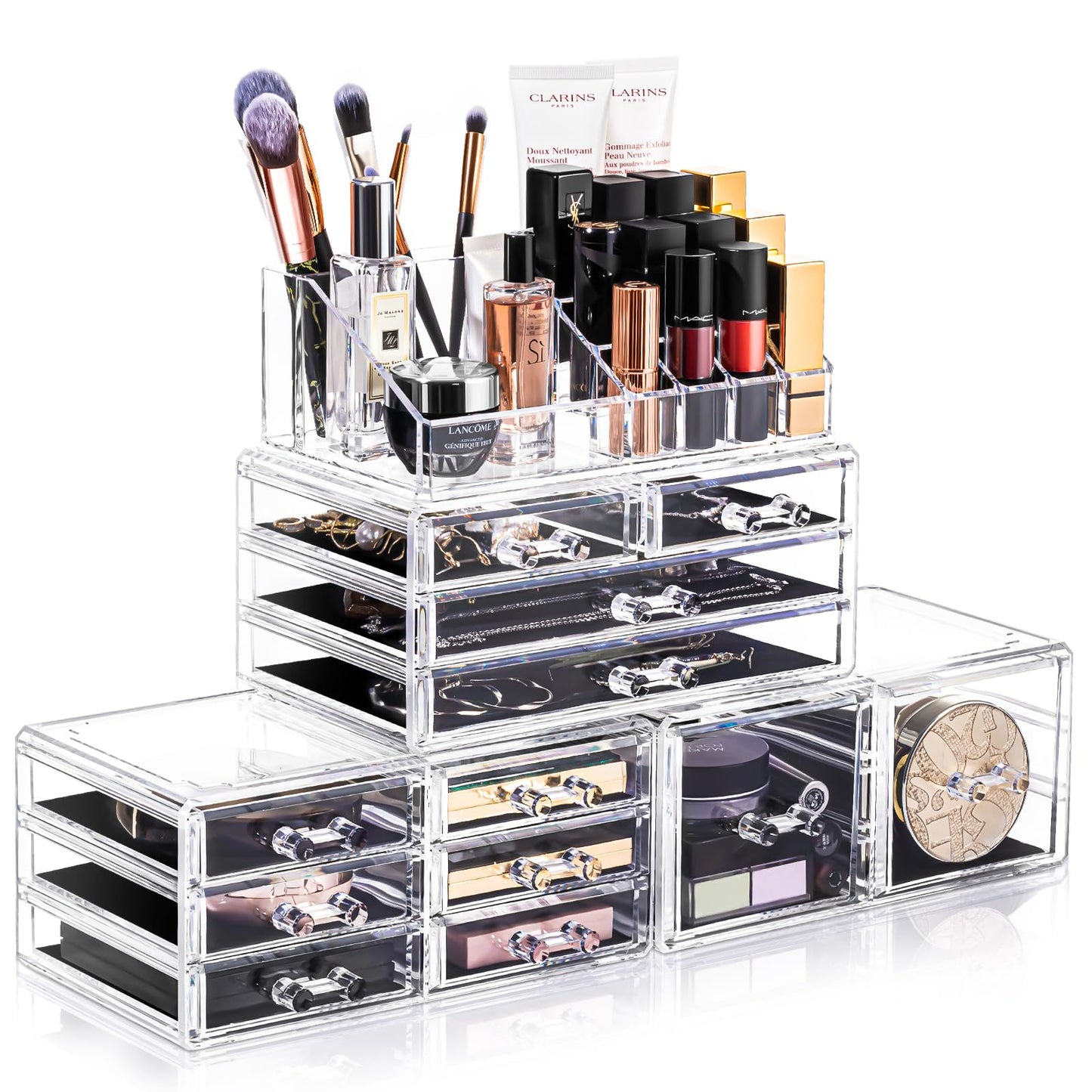 URMOMS Makeup Organizer 4 Pieces, Acrylic Makeup Storage Box with 12 Drawers for Lipstick Jewelry and Makeup Brushes, Stackable Vanity Organizer
