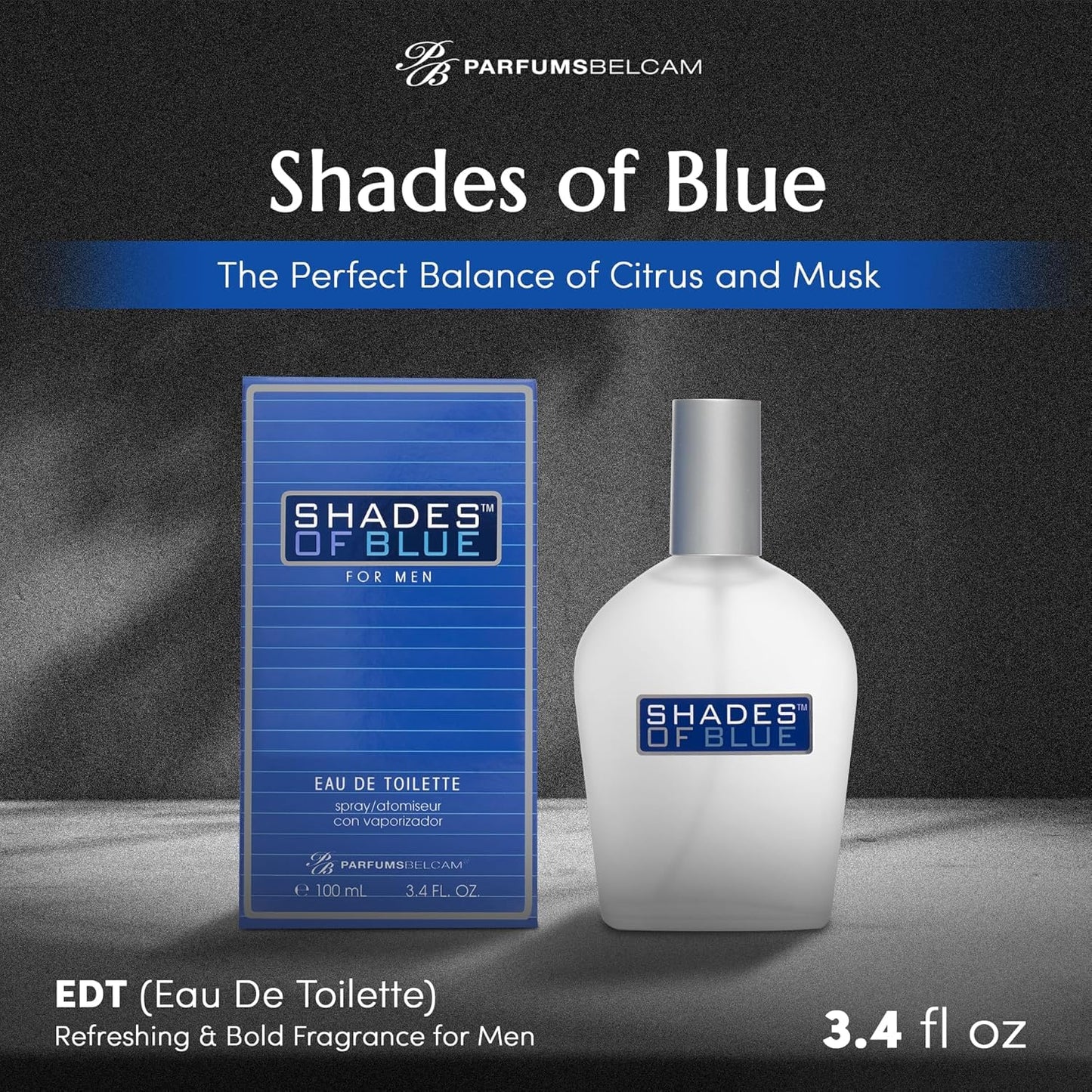 PB ParfumsBelcam Shades of Blue for Men, Our Version of Prestige Designer Eau de Toilette Spray, 100 mL.