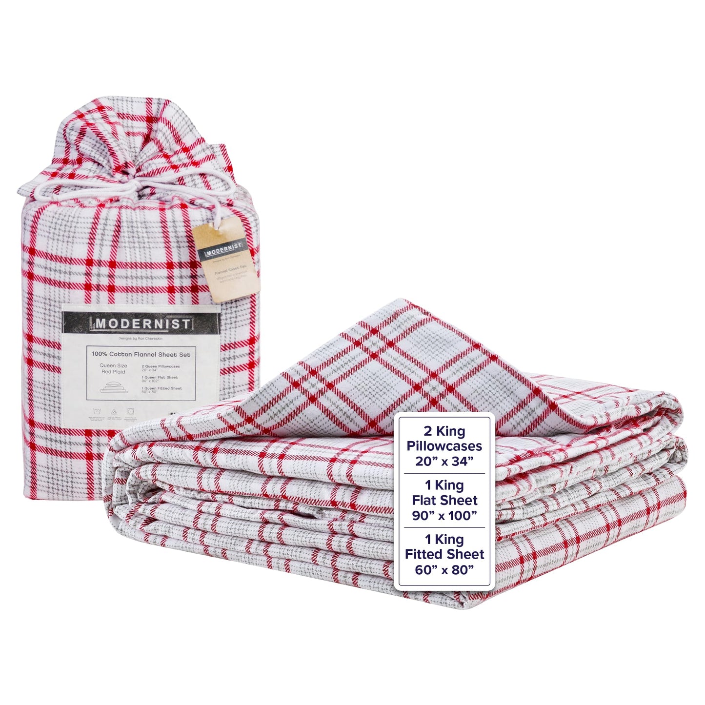 Gravity Modernist Flannel Bed Sheet Set, King (Red Plaid) - 100% Cotton Plaid Bedsheets - Includes Deep Pocket Fitted Sheet, Top Sheet & Pillowcases -