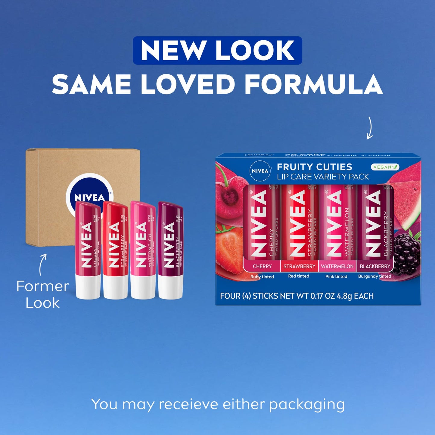 NIVEA Lip Care, Fruity Tinted Lip Balm Variety Pack, Cherry, Strawberry, Blackberry and Watermelon Flavors, 3-in-1 Moisture, Repair and Color, 0.17 Oz