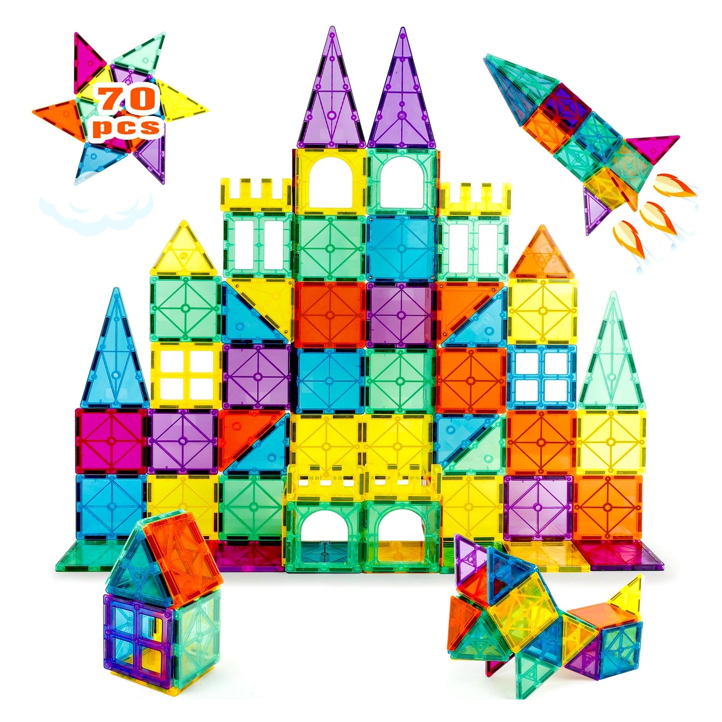 NEOFORMERS STEM Magnetic Tiles 70pcs – Montessori Building Blocks for Toddlers 3+, Educational Construction & Creative Learning Toy Set