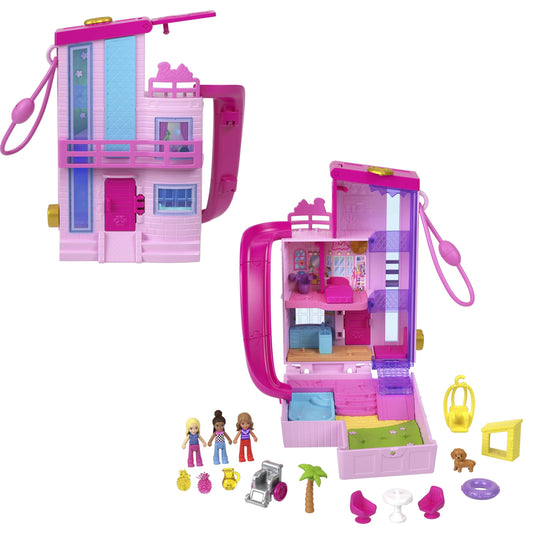 Polly Pocket Barbie Dreamhouse Compact, Dollhouse Playset with 3 Micro Dolls, 1 Puppy, 11 Accessories, Elevator & Pool