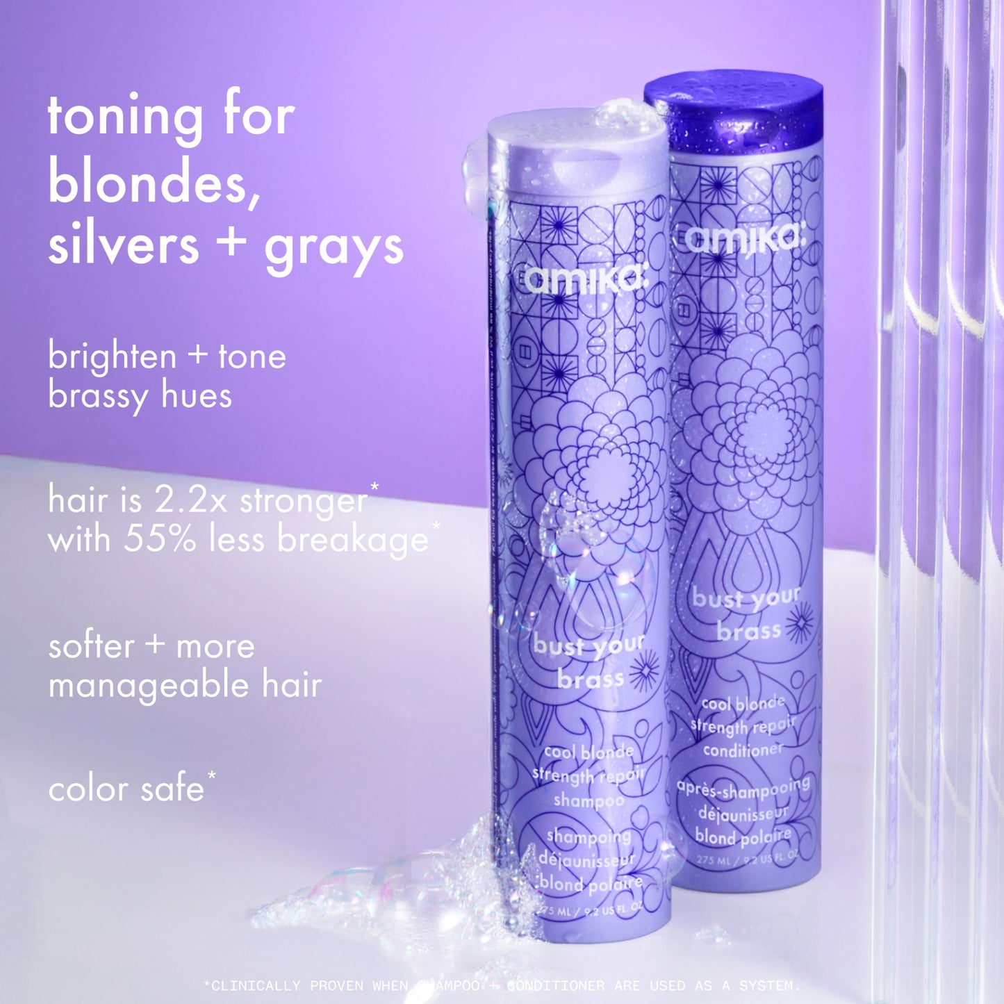 amika bust your brass cool blonde strength repair shampoo, 275ml