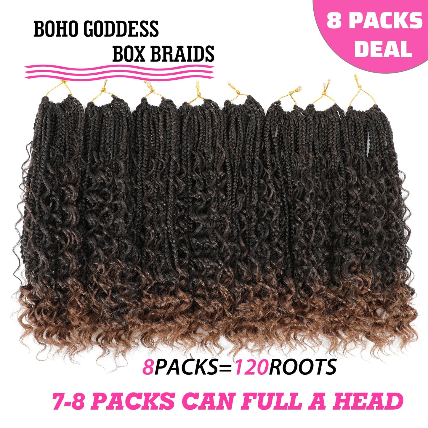Wodun 14inch Goddess Box Braids Crochet Hair Pre Looped Box-Braids Crochet-Hair with Curly Ends For Black Women Synthetic 3X Bohemian Box Braiding