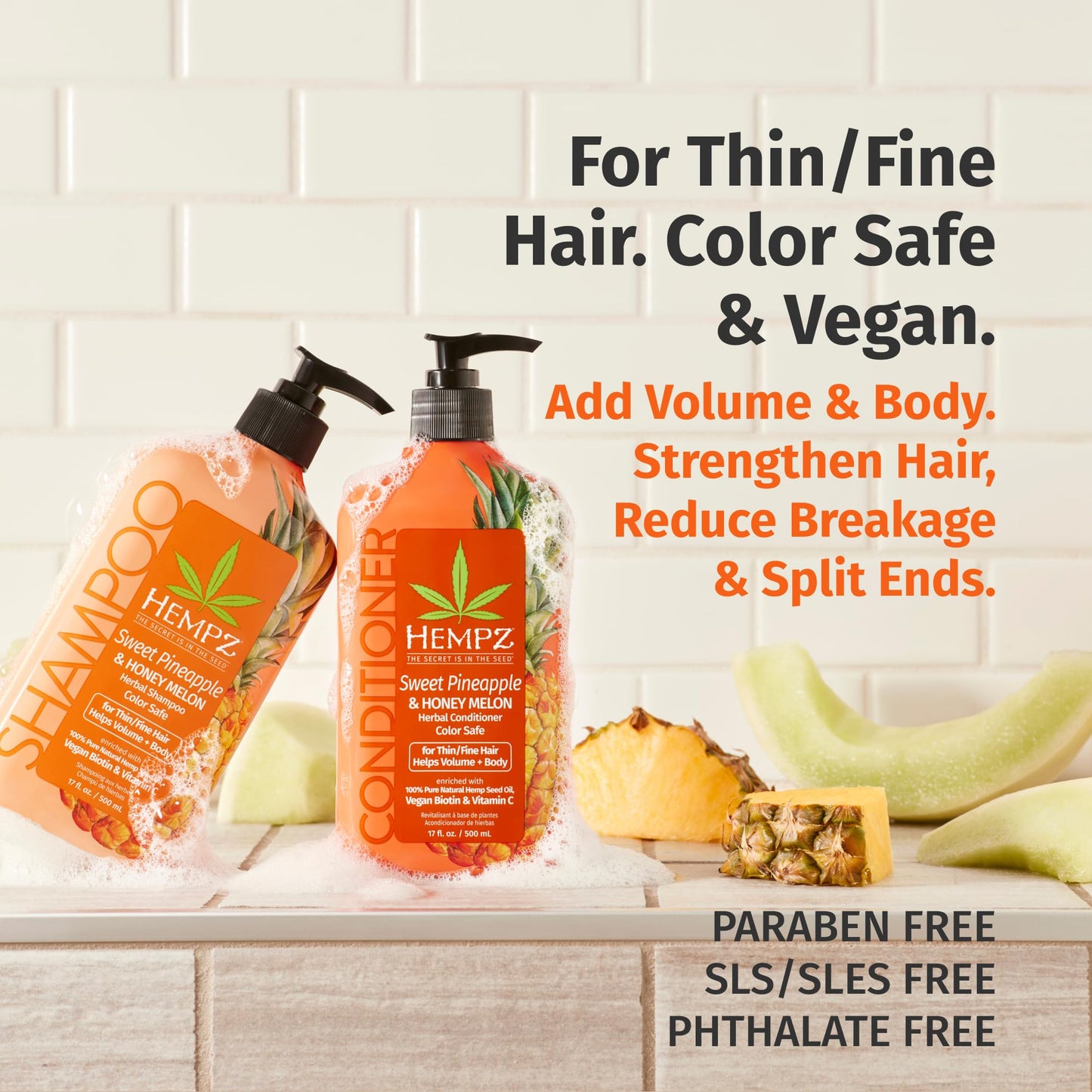 HEMPZ Hair Shampoo & Conditioner Set - Sweet Pineapple & Honey Melon Scent for Thin/Fine Dry, Damaged and Color Treated Hair, Hydrating, Softening