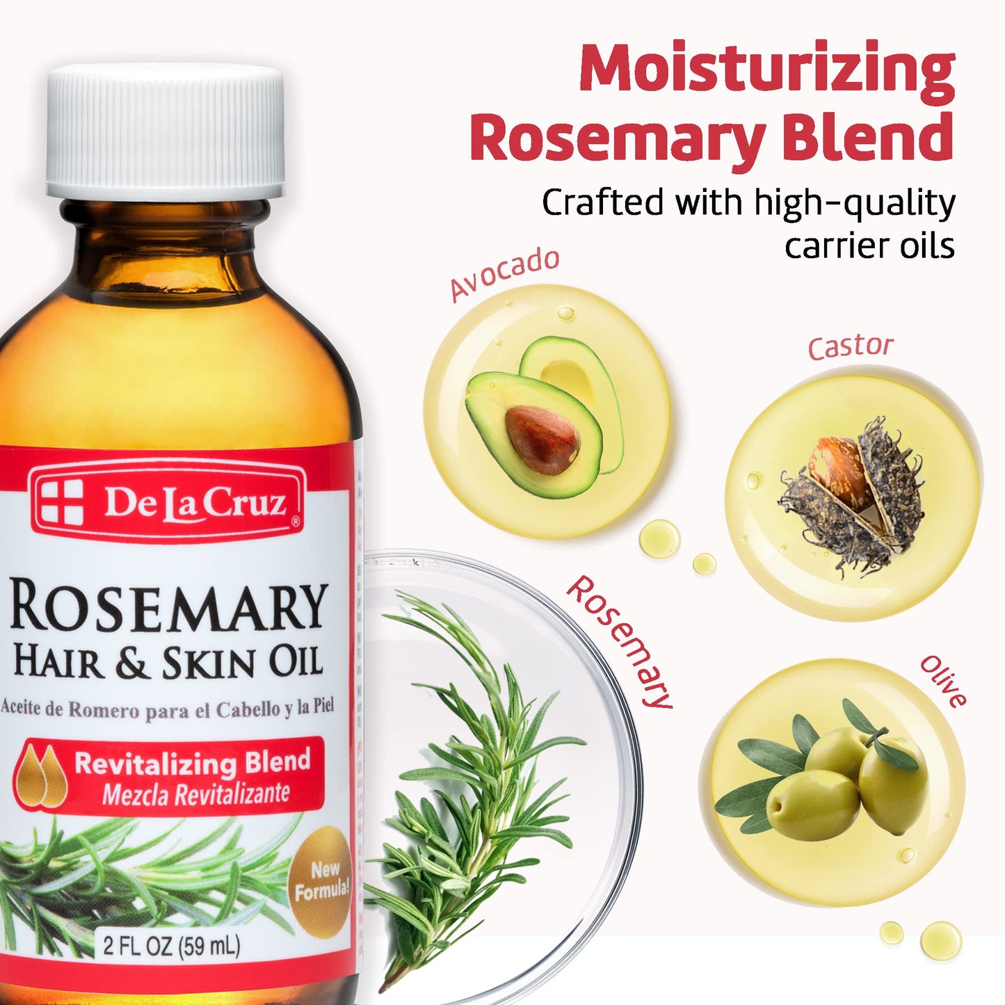 De La Cruz Rosemary Oil Blend Moisturizer with Castor, Avocado and Olive Oil - Topical Use Only 8 FL. OZ. (236 mL)