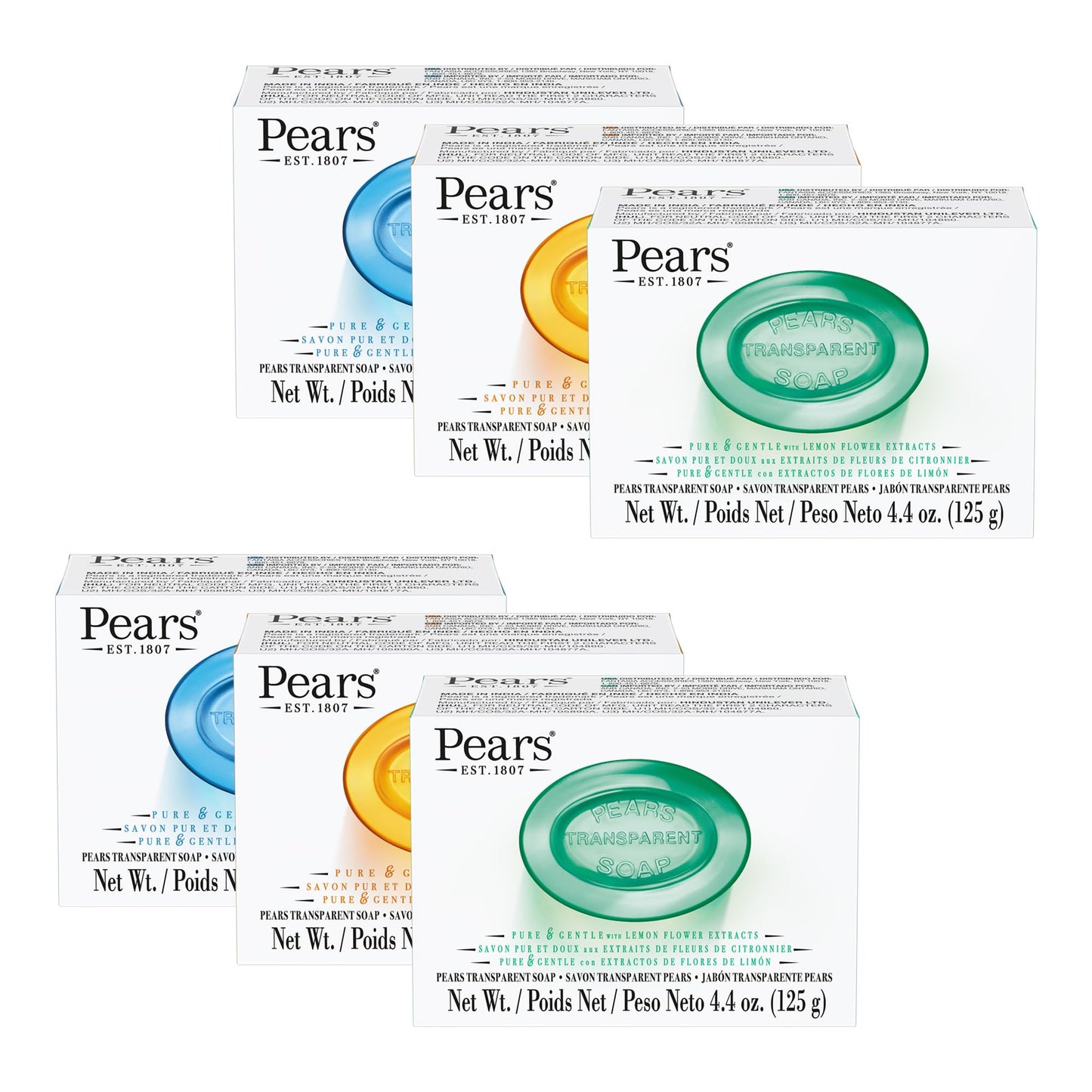 Pears Variety 6 Pack - Pure and Gentle Bar Soap with Glycerin - Includes Lemon Flower, Mint Extracts, and Amber - Soap Bar for Women and Men - 6 pc