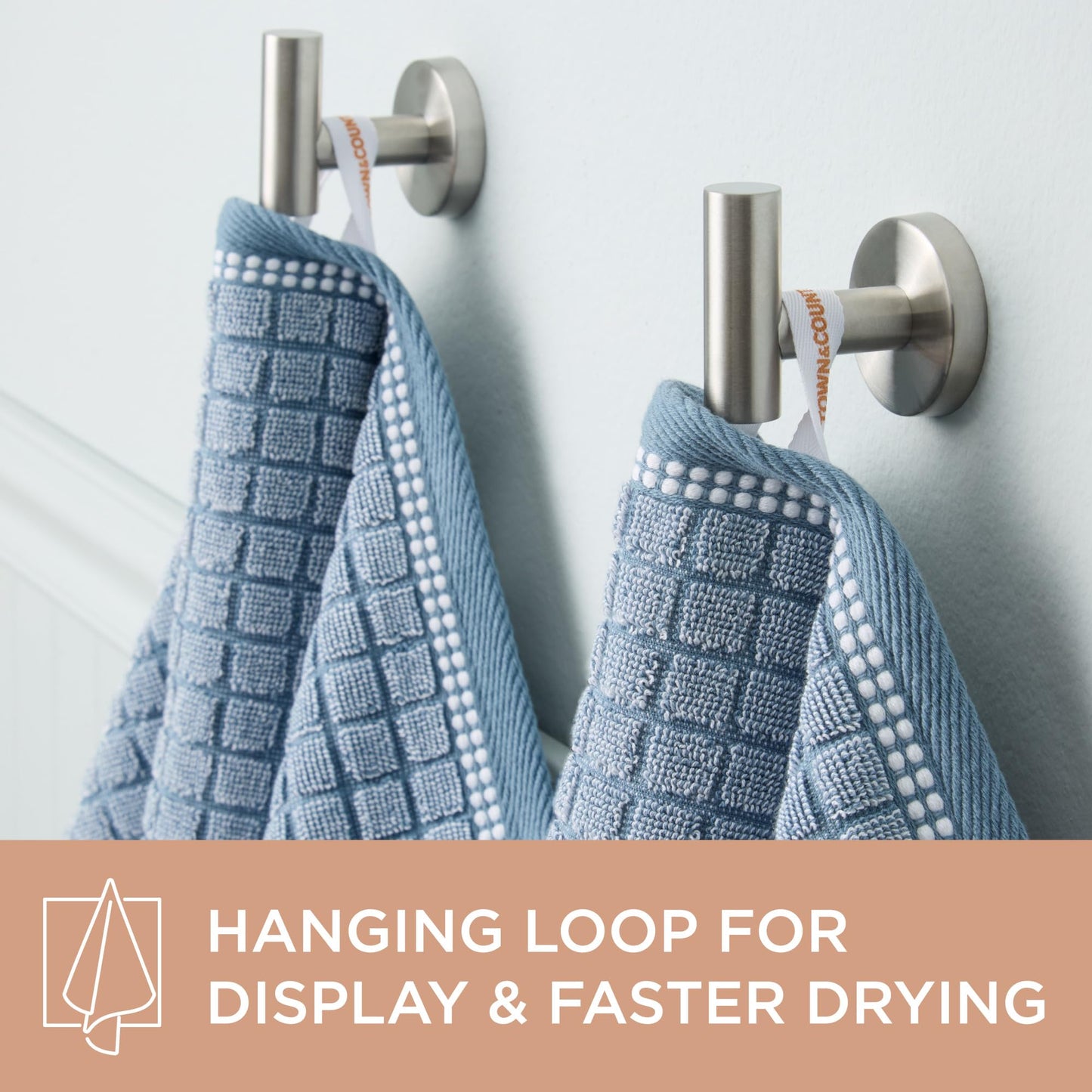 Town & Country Everyday 4-Piece Textured Windowpane Hand Towel Set, 20x30-Inch, 100% Cotton, Plush & Absorbent 550GSM, Blue