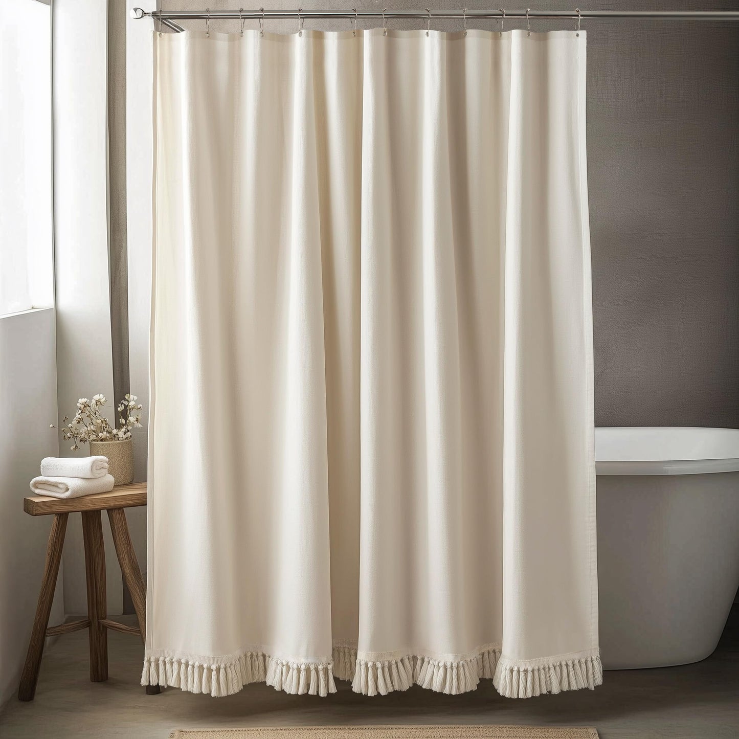 TURKIO Linen Shower Curtain Boho Beige Shower Curtains for Bathroom Thick Fabric Shower Curtain with Tassels Neutral Shower Curtains Rustic Farmhouse…