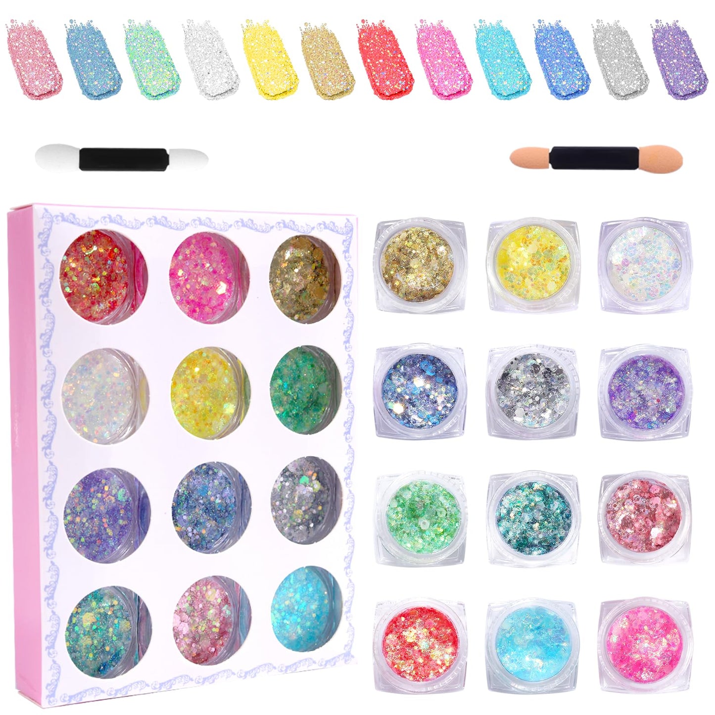 12 Colors Glitter Gel for Face, Body, Hair & Nails Makeup for Festival, Halloween, Party, Cosplay Easy to Apply & Wash Off Women, Teens & Kids