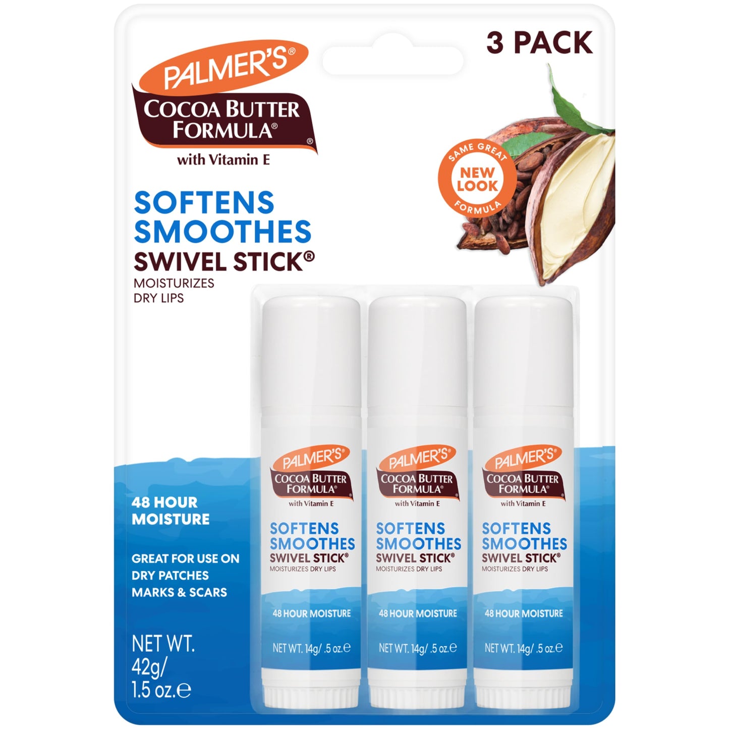 Palmer's Cocoa Butter Formula Moisturizing Swivel Stick, Pack of 3 | Vitamin E Lip Balm for Beach Bag, Multi-Purpose Face & Body Moisturizer Stick