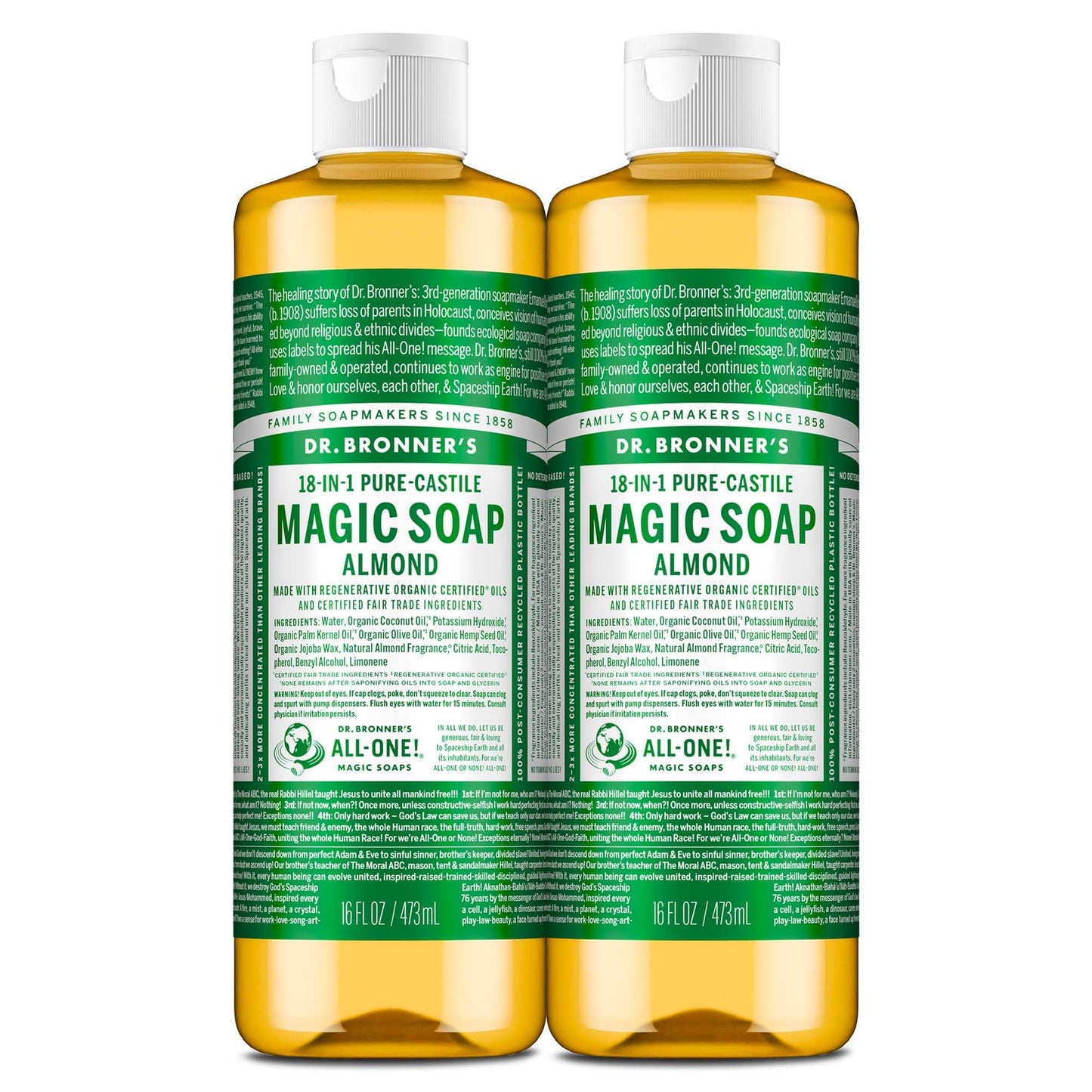Dr. Bronner's Pure-Castile Magic Liquid Soap (Almond, 16 Ounce, 2-Pack)- Made with Regenerative Organic Certified Oils, 18-in1 Uses: Face, Hair, Hand